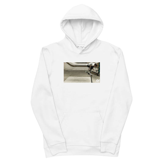 other ideas eco streetwear women's classic white sweatshirt hoodie with skateboard ollie flip photo print organic cotton blend jersey sustainable slow fashion flat front view with hood up