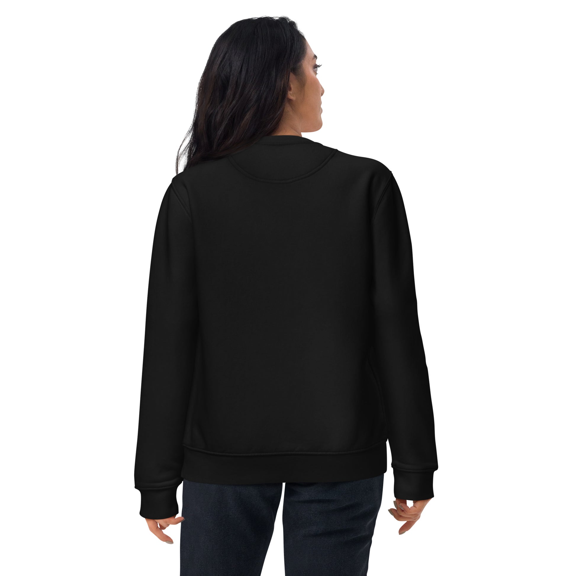 other ideas eco streetwear women's black sweatshirt logo embroidered organic cotton blend jersey sustainable slow fashion modelled back view