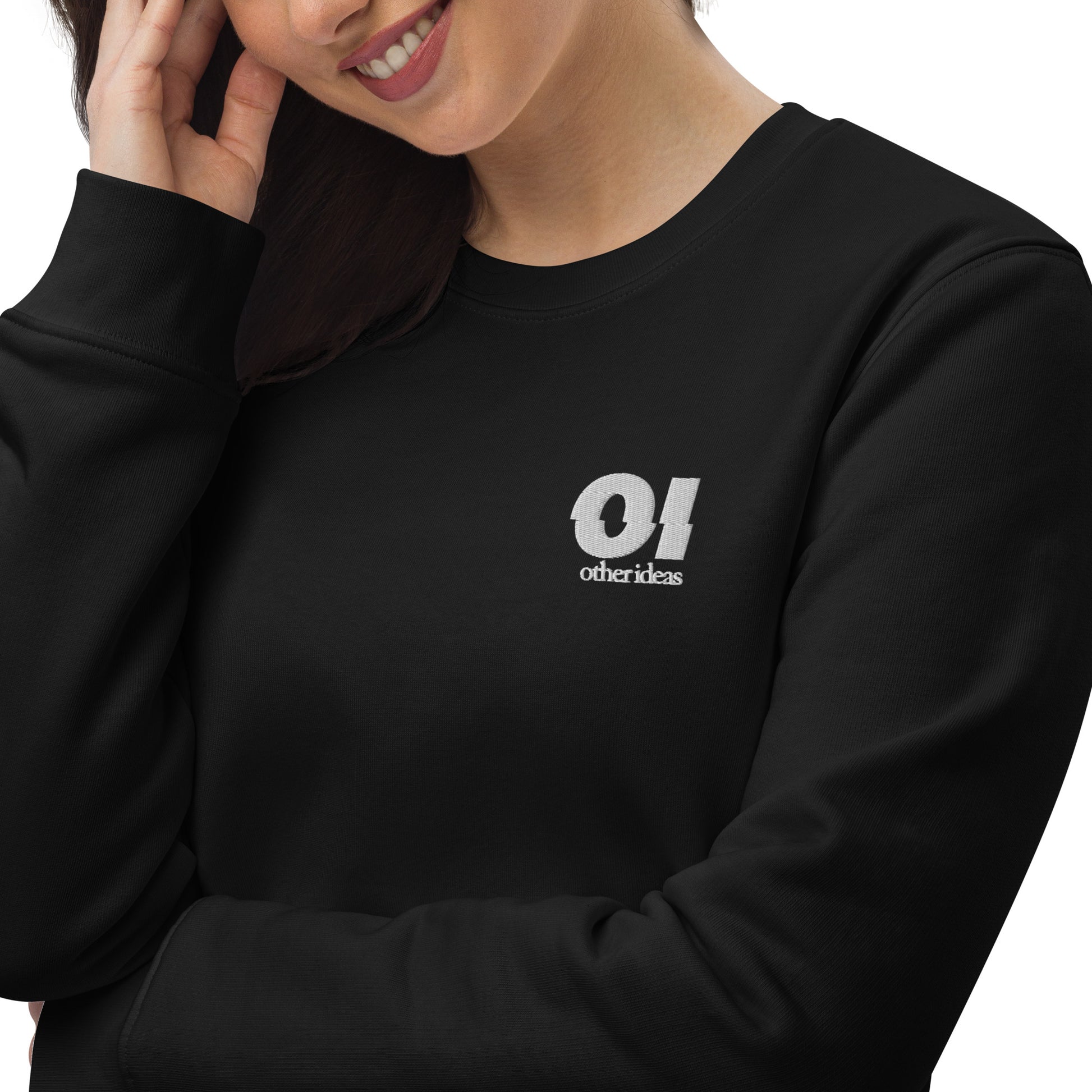 other ideas eco streetwear women's black sweatshirt logo embroidered organic cotton blend jersey sustainable slow fashion modelled front view showing zoomed logo detail