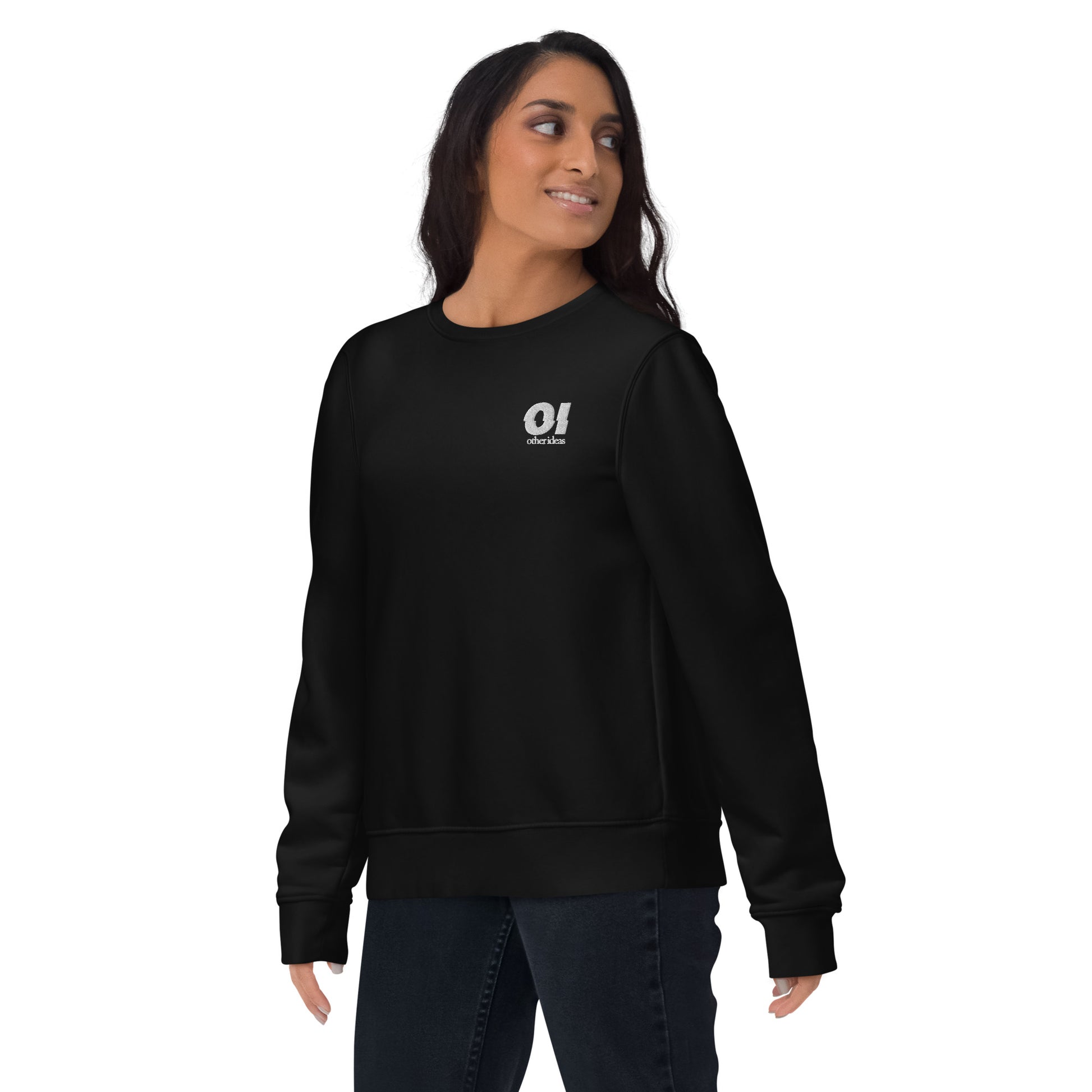 other ideas eco streetwear women's black sweatshirt logo embroidered organic cotton blend jersey sustainable slow fashion modelled front view