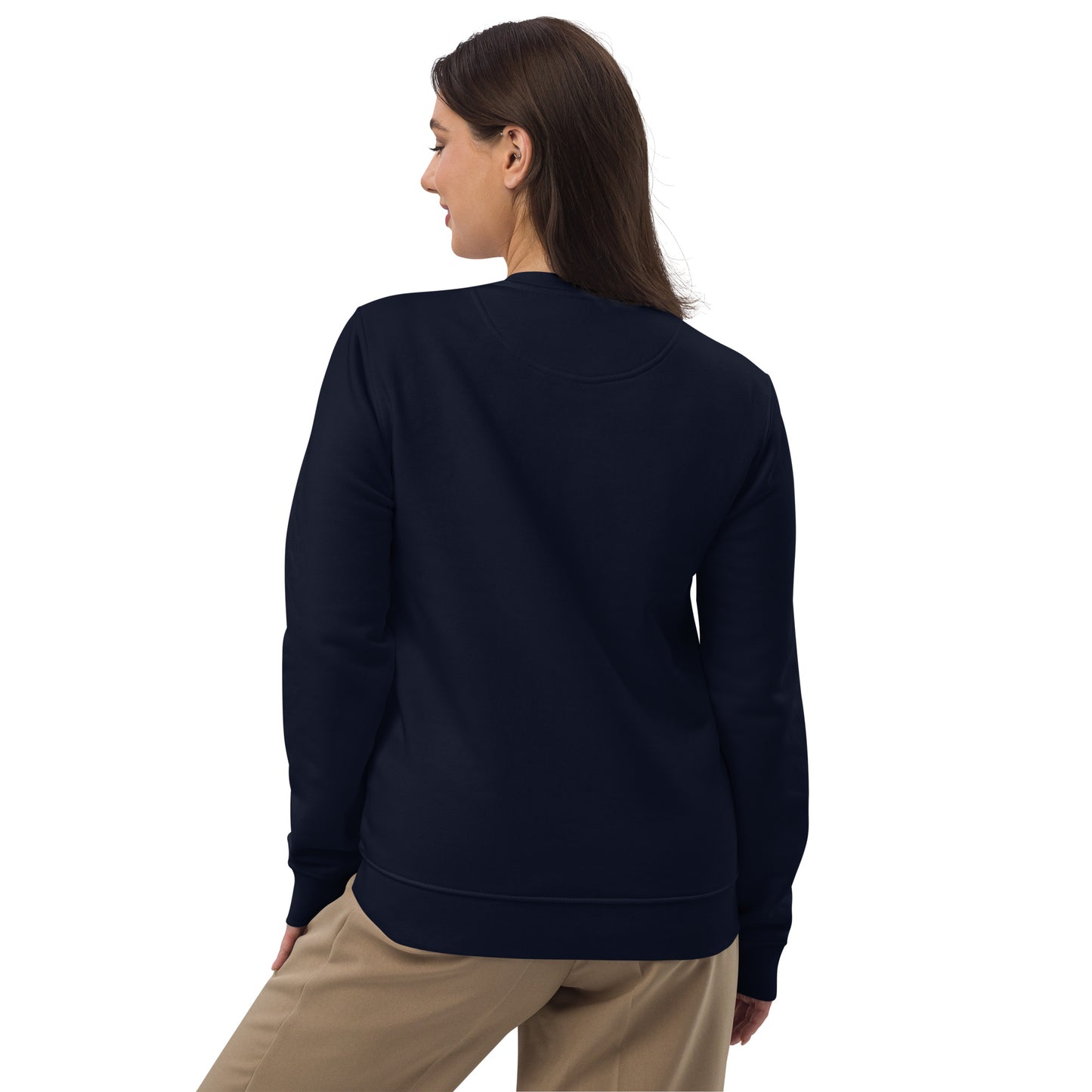 other ideas eco streetwear women's french navy blue sweatshirt logo embroidered organic cotton blend jersey sustainable slow fashion modelled back view