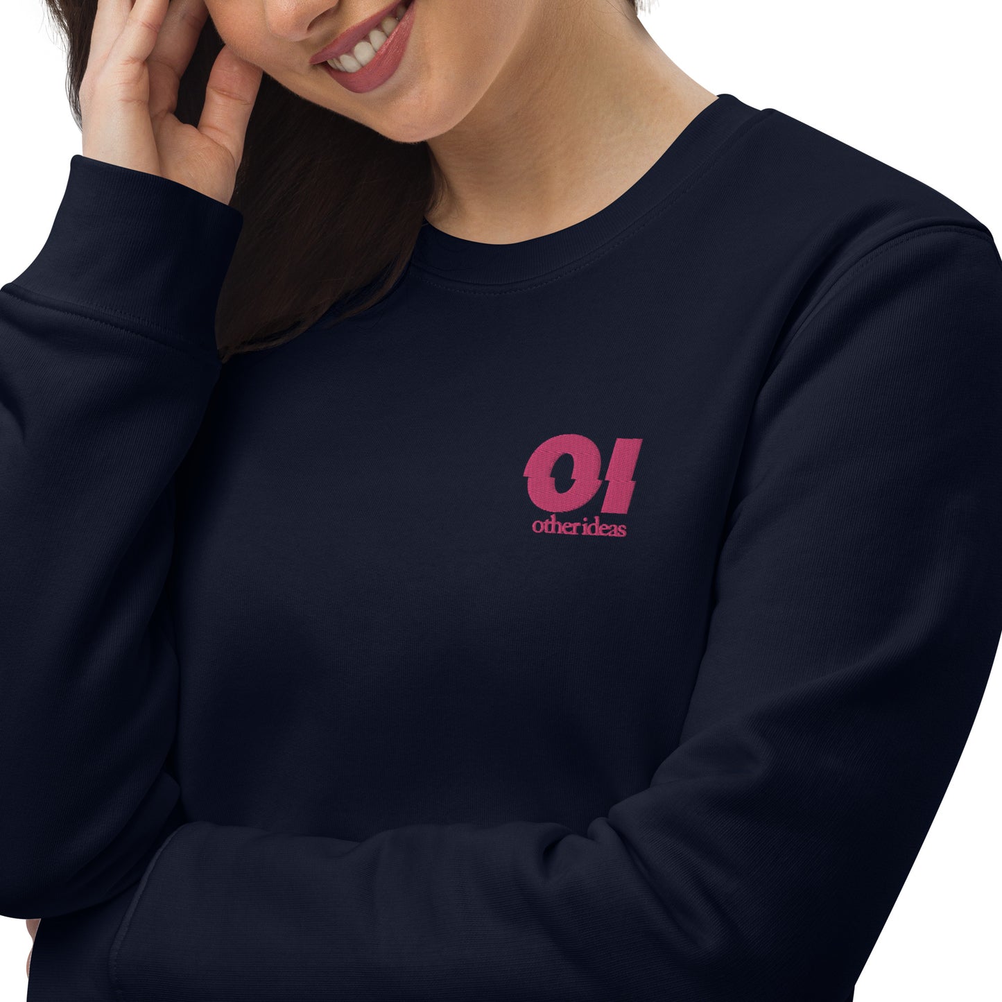 other ideas eco streetwear women's french navy blue sweatshirt logo embroidered organic cotton blend jersey sustainable slow fashion modelled front view with zoom detail of logo