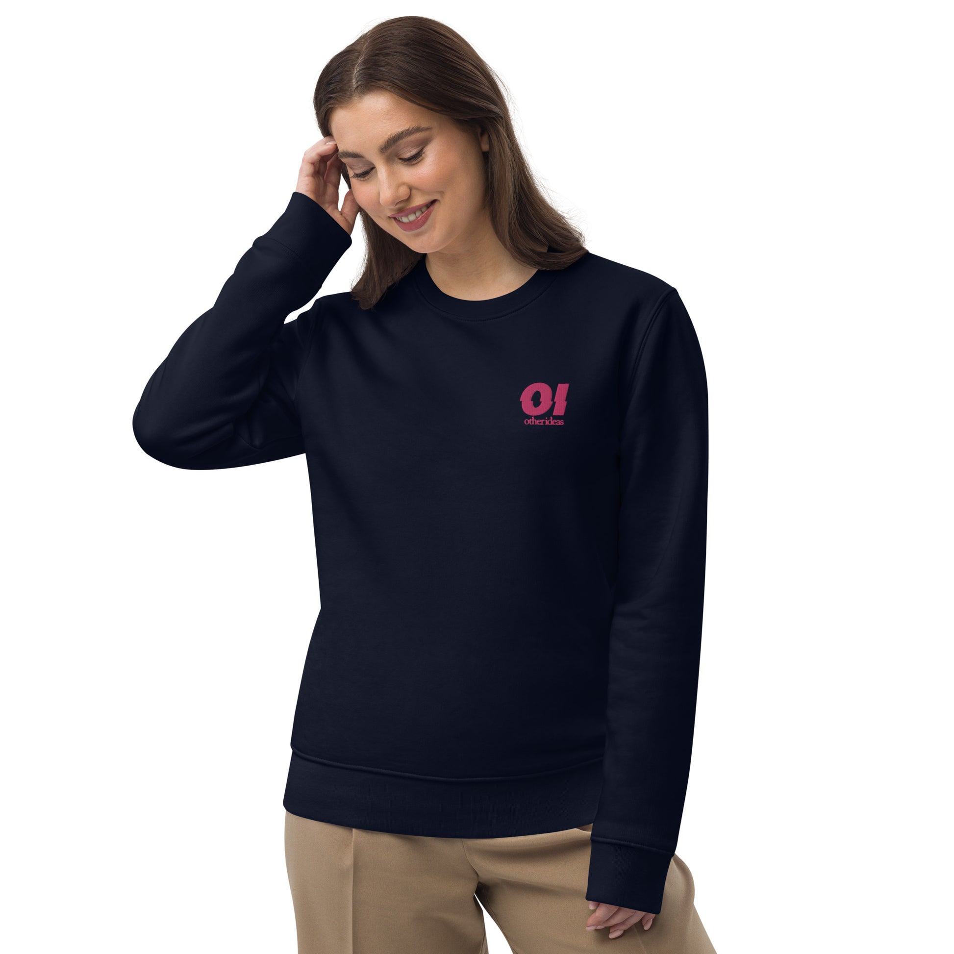 other ideas eco streetwear women's french navy blue sweatshirt logo embroidered organic cotton blend jersey sustainable slow fashion modelled front view