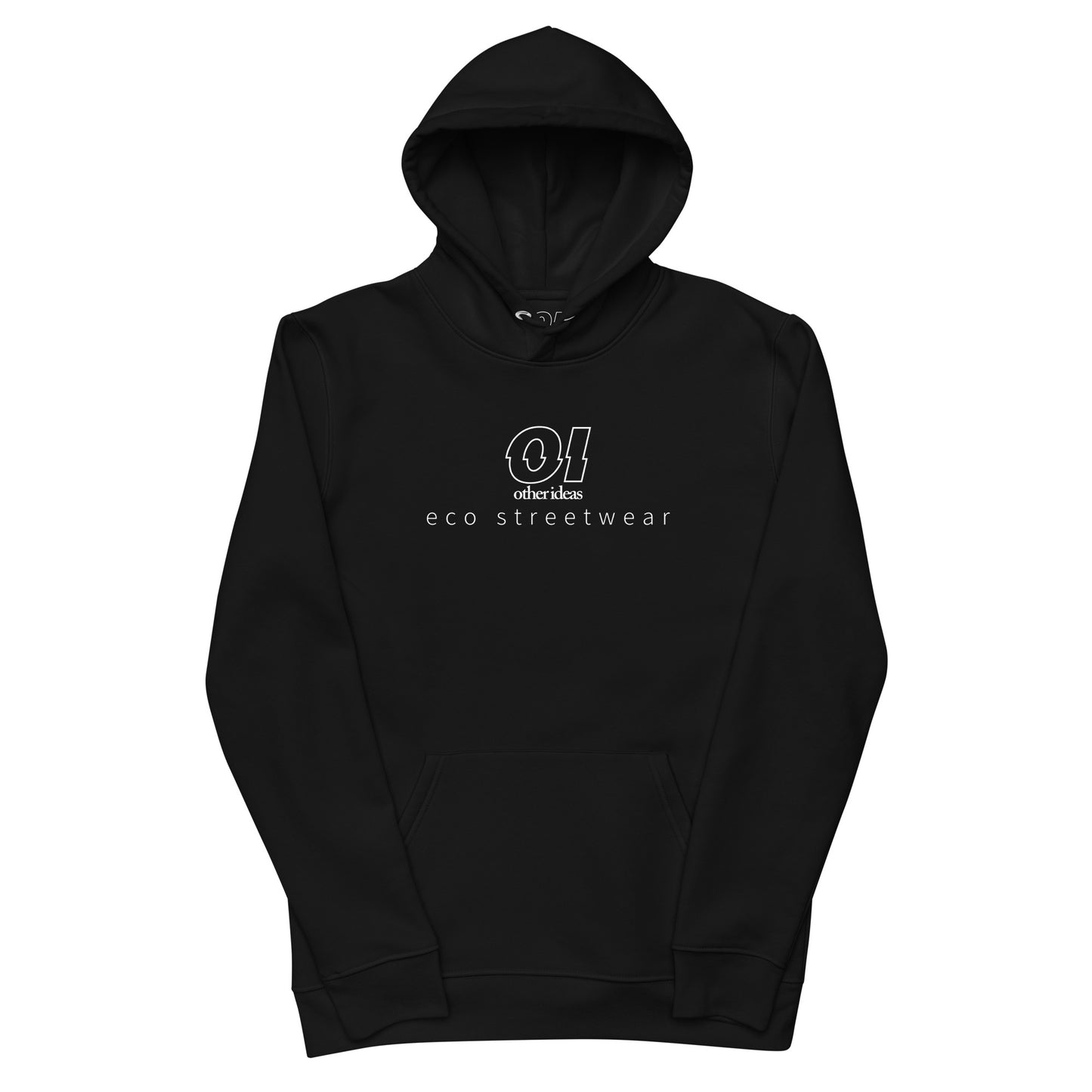 other ideas eco streetwear women's outline printed logo classic black sweatshirt hoodie organic cotton blend jersey sustainable slow fashion flat front view with hood up