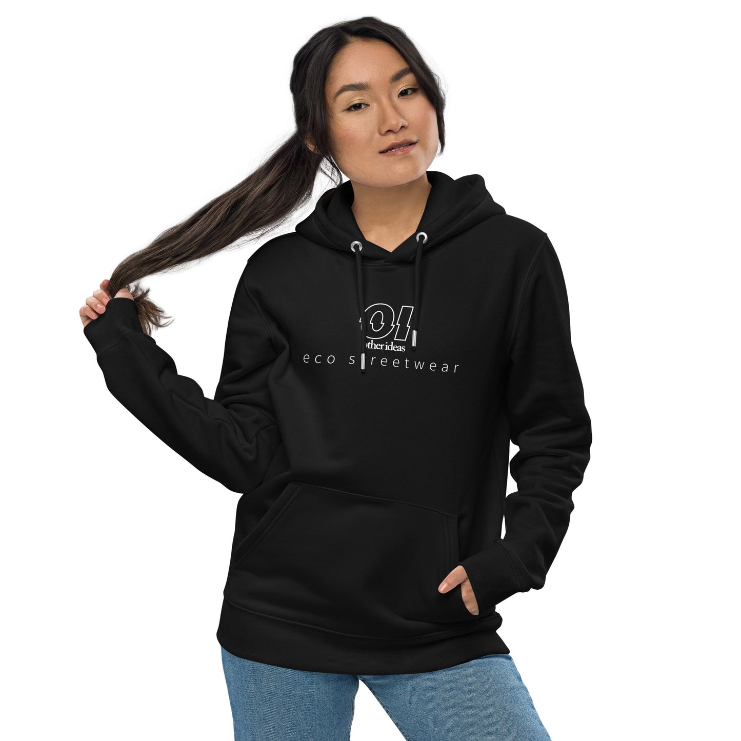 other ideas eco streetwear women's outline printed logo classic black sweatshirt hoodie organic cotton blend jersey sustainable slow fashion modelled from the front view with hood down