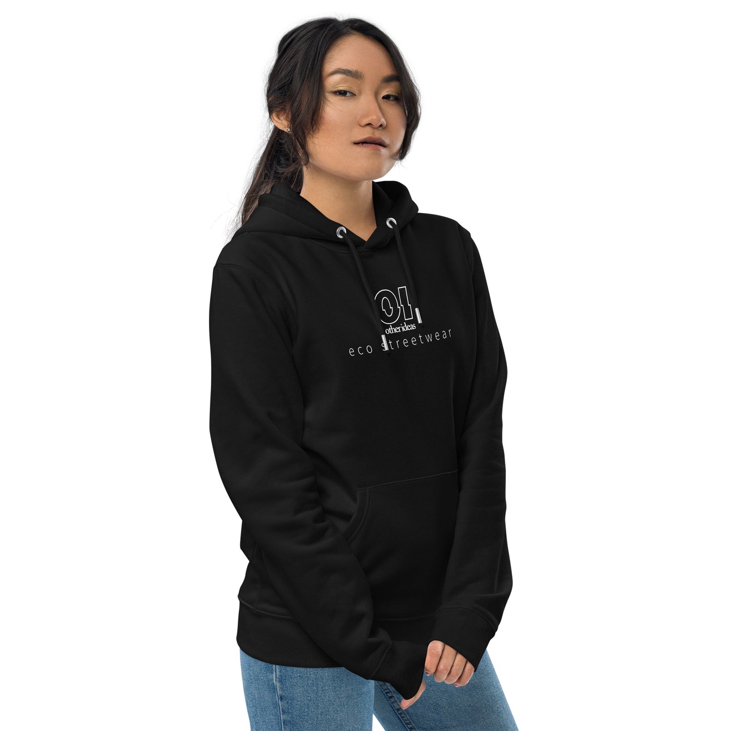 other ideas eco streetwear women's outline printed logo classic black sweatshirt hoodie organic cotton blend jersey sustainable slow fashion modelled from the front side with hood down