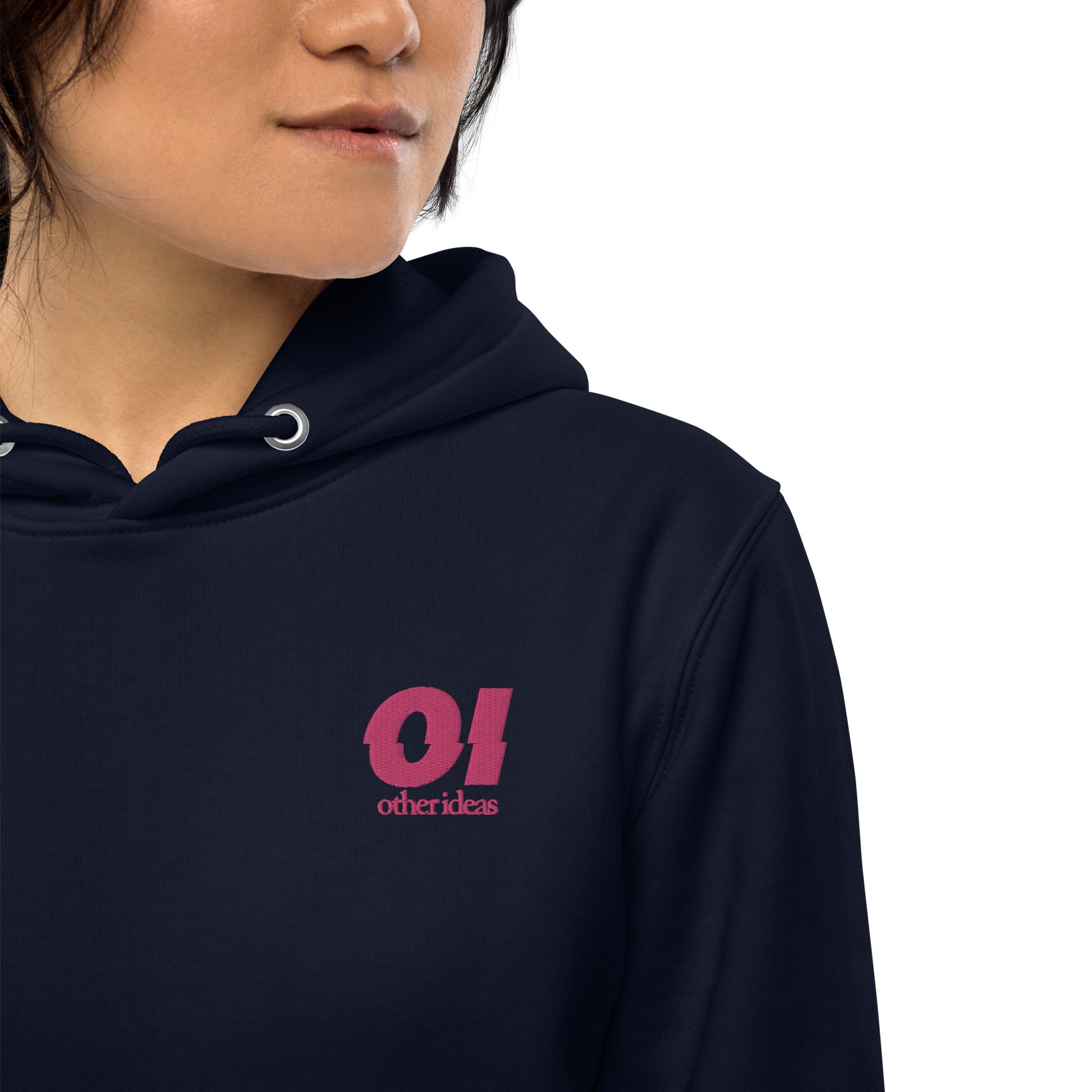 other ideas eco streetwear women's french navy blue sweatshirt hoodie flamingo pink logo embroidered organic cotton blend jersey sustainable slow fashion modelled front view detail