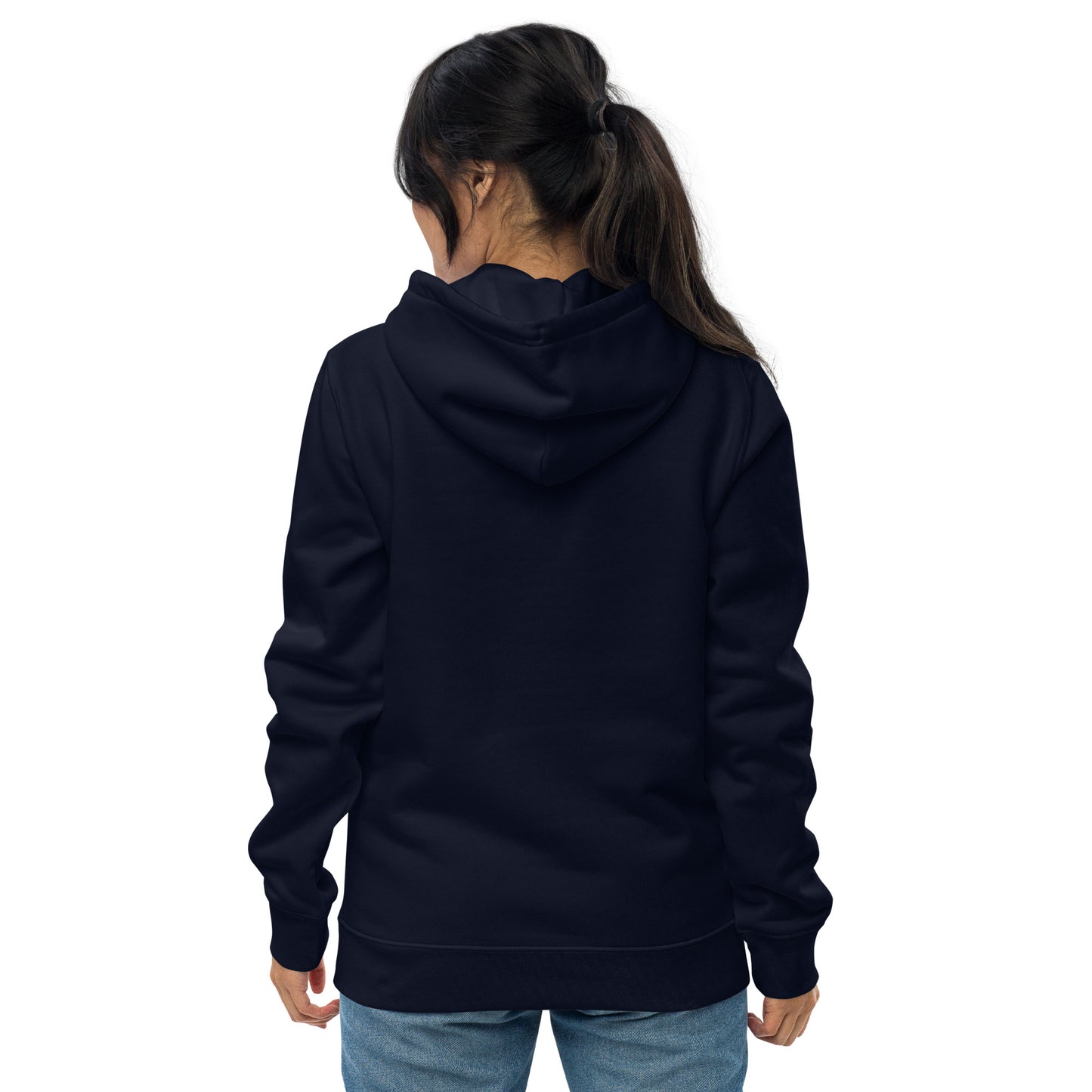 other ideas eco streetwear women's french navy blue sweatshirt hoodie flamingo pink logo embroidered organic cotton blend jersey sustainable slow fashion modelled from the back with the hood down