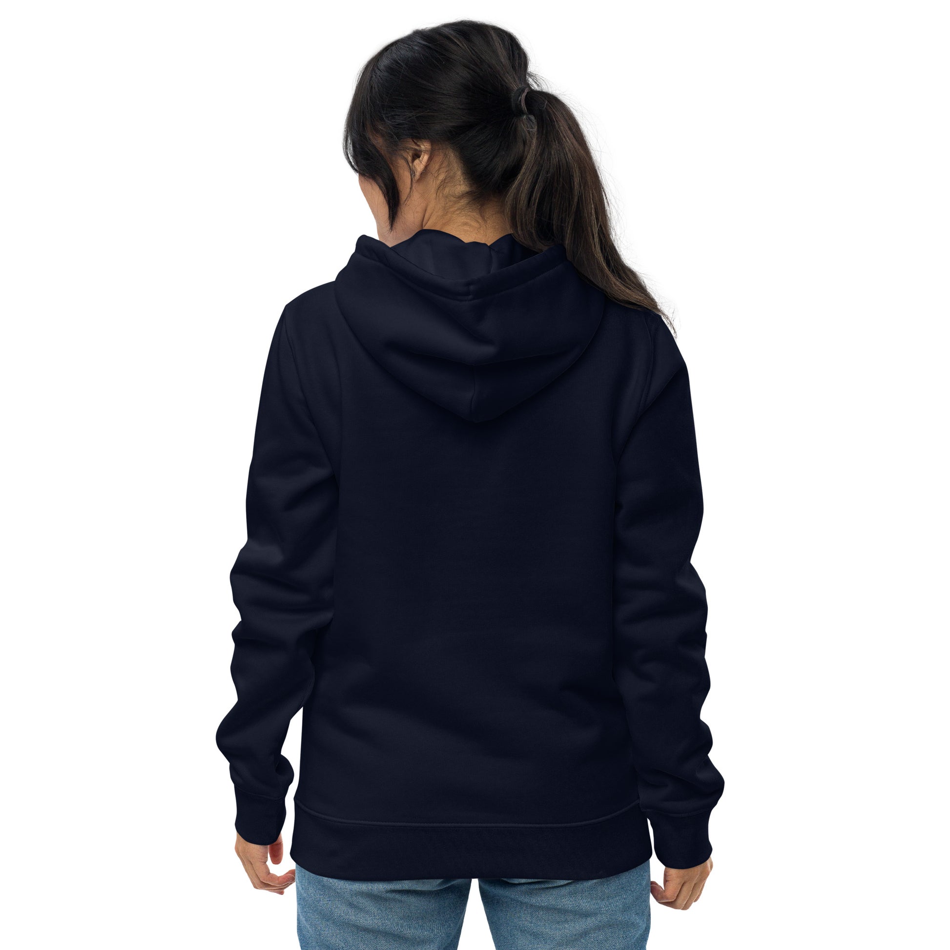 other ideas eco streetwear women's french navy blue sweatshirt hoodie flamingo pink logo embroidered organic cotton blend jersey sustainable slow fashion modelled from the back with the hood down