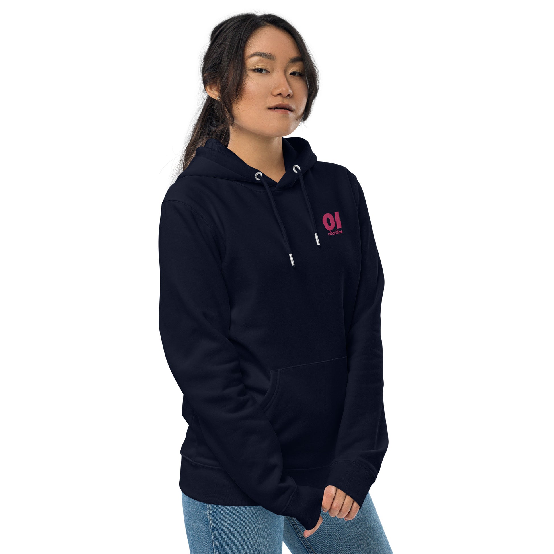 other ideas eco streetwear women's french navy blue sweatshirt hoodie flamingo pink logo embroidered organic cotton blend jersey sustainable slow fashion modelled from the side view