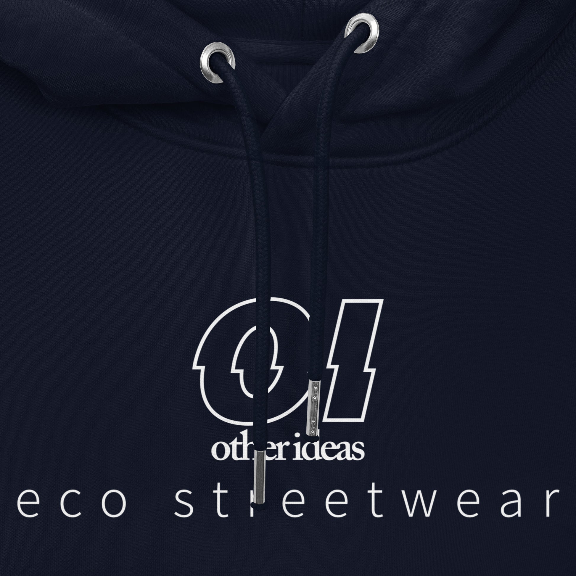 other ideas eco streetwear women's outline printed logo classic french navy blue sweatshirt hoodie organic cotton blend jersey sustainable slow fashion flat front view with logo and drawstring detail