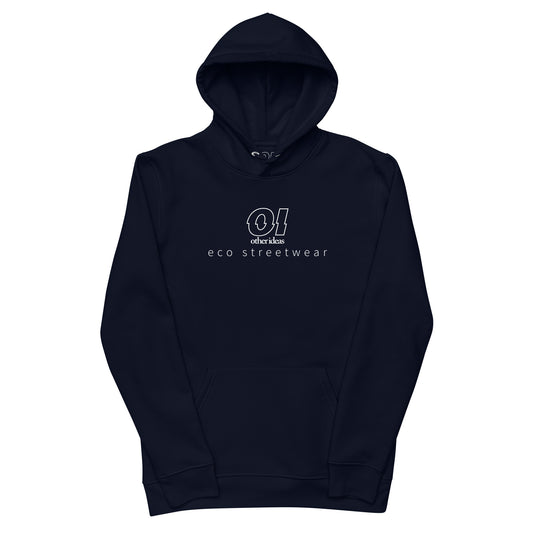 other ideas eco streetwear women's outline printed logo classic french navy blue sweatshirt hoodie organic cotton blend jersey sustainable slow fashion flat front view with hood up