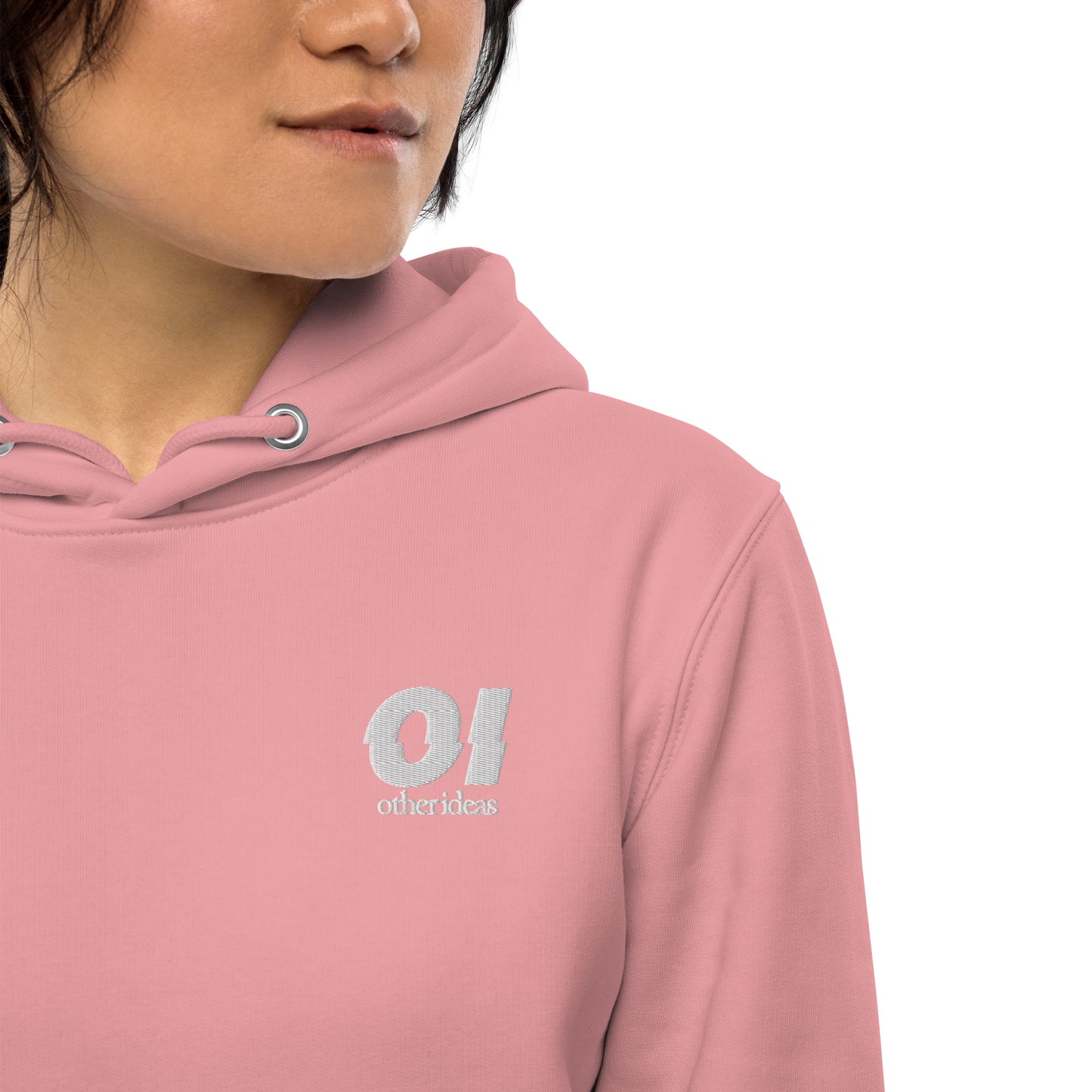 other ideas eco streetwear women's canyon pink sweatshirt hoodie logo embroidered organic cotton blend jersey sustainable slow fashion modelled front detail view