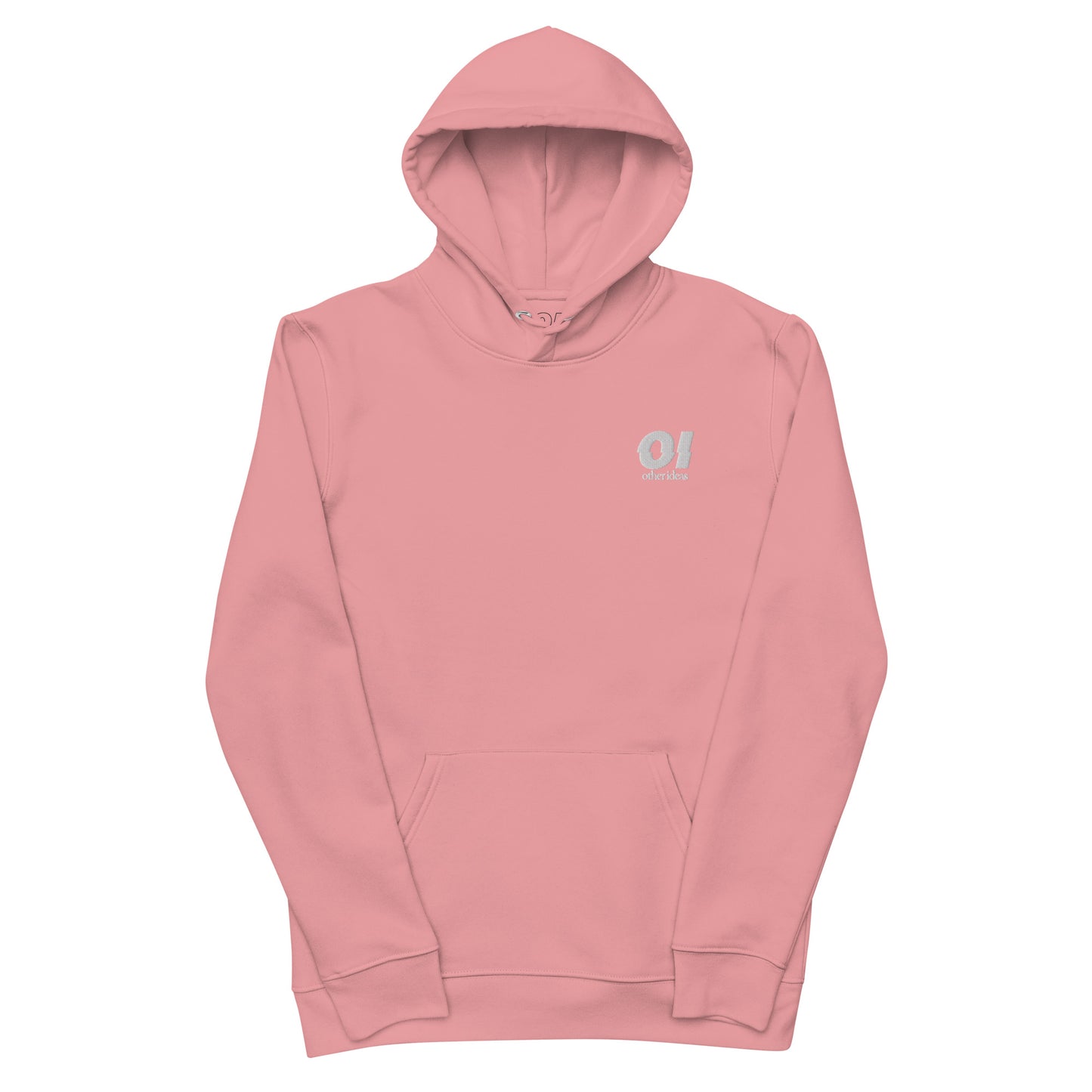 other ideas eco streetwear women's canyon pink sweatshirt hoodie logo embroidered organic cotton blend jersey sustainable slow fashion flat front view with hood up