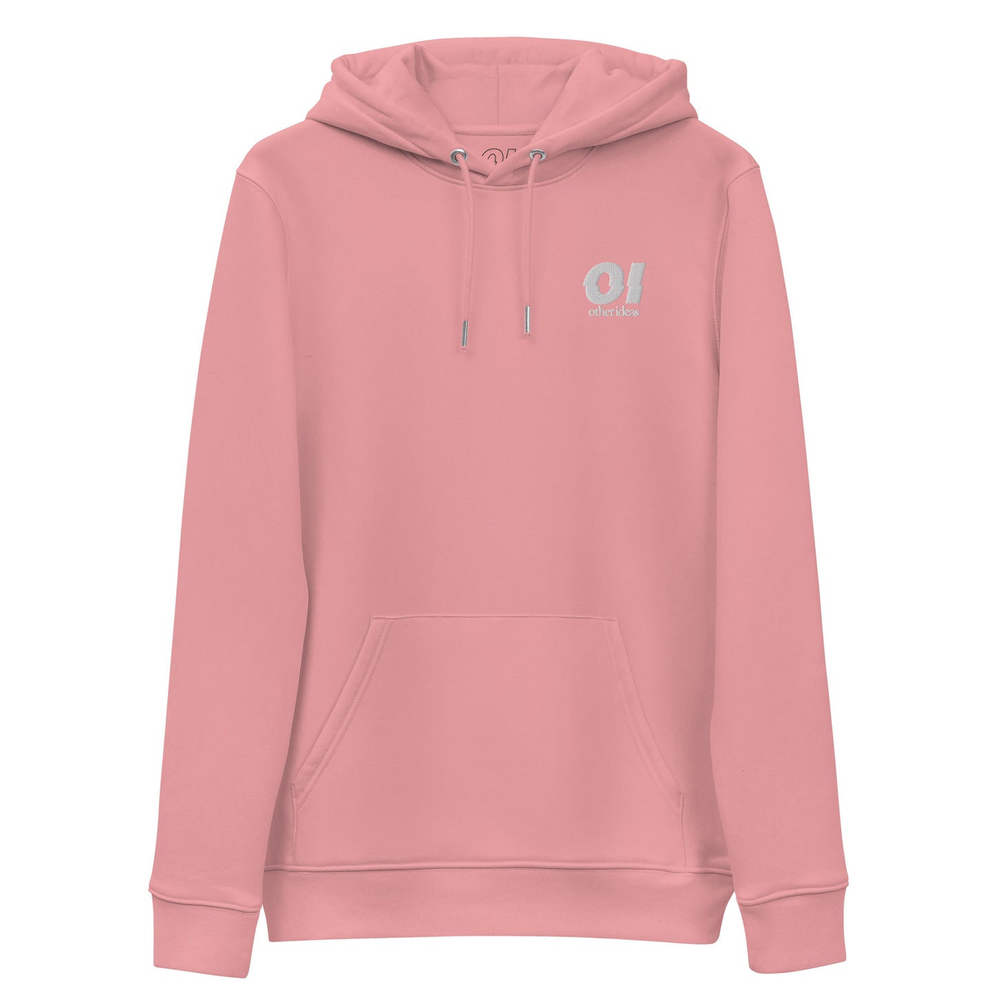 other ideas eco streetwear women's canyon pink sweatshirt hoodie logo embroidered organic cotton blend jersey sustainable slow fashion flat front view with hood down