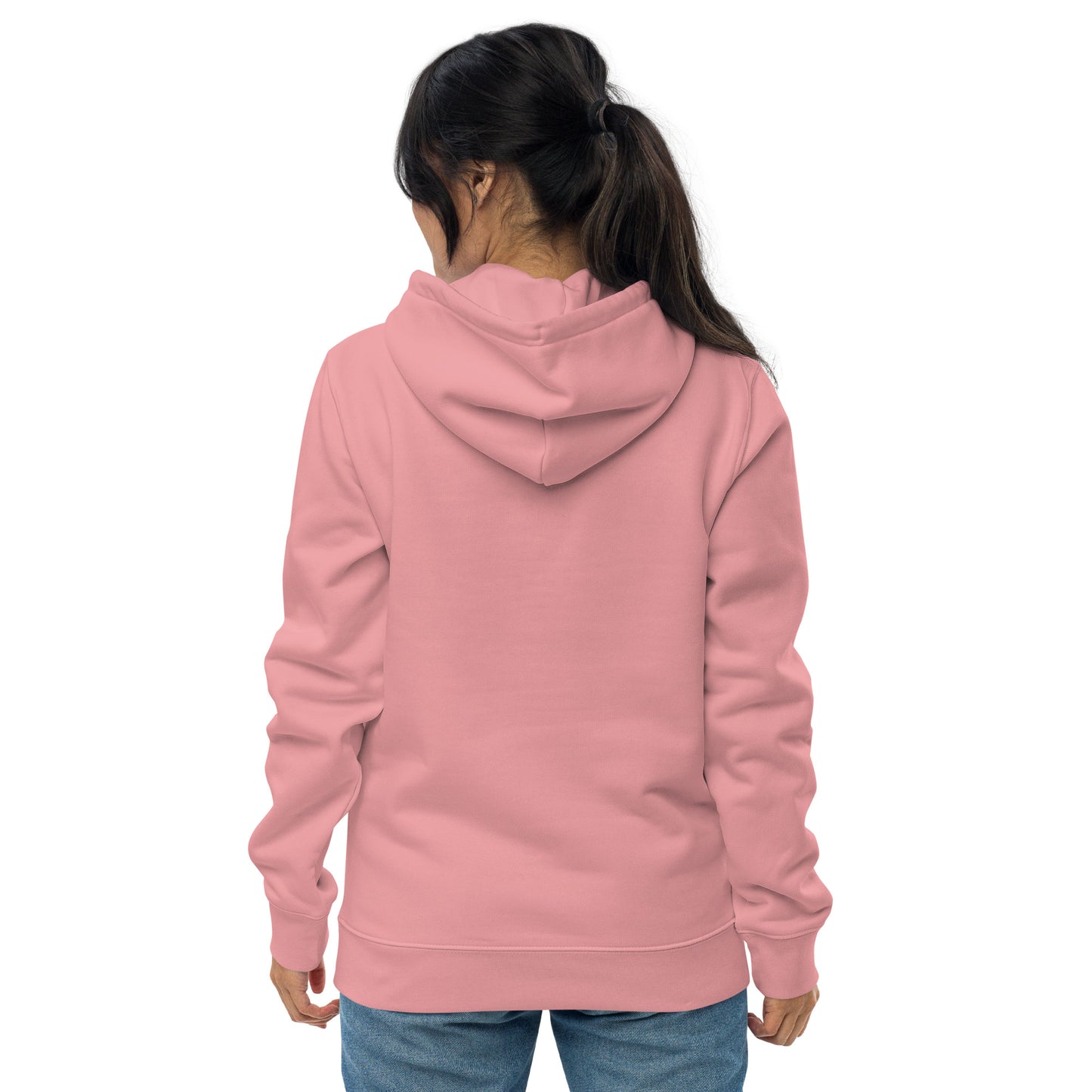 other ideas eco streetwear women's canyon pink sweatshirt hoodie logo embroidered organic cotton blend jersey sustainable slow fashion modelled back view