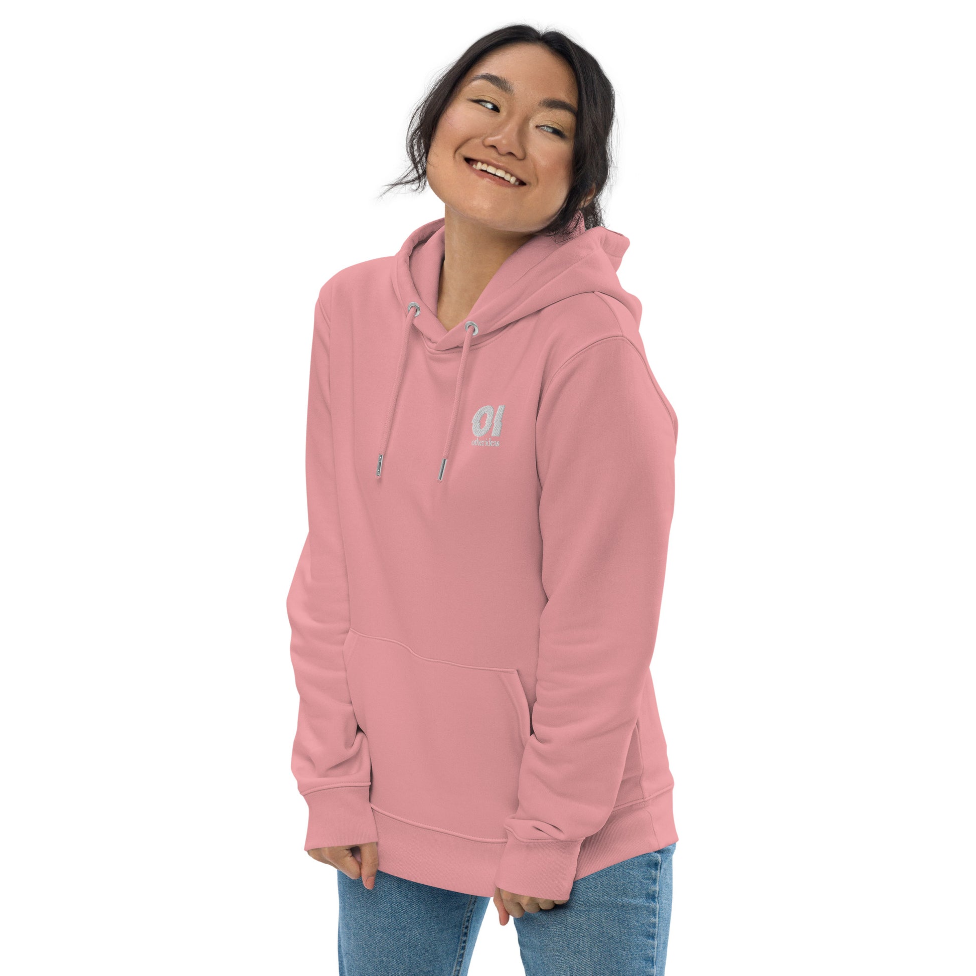 other ideas eco streetwear women's canyon pink sweatshirt hoodie logo embroidered organic cotton blend jersey sustainable slow fashion modelled front view