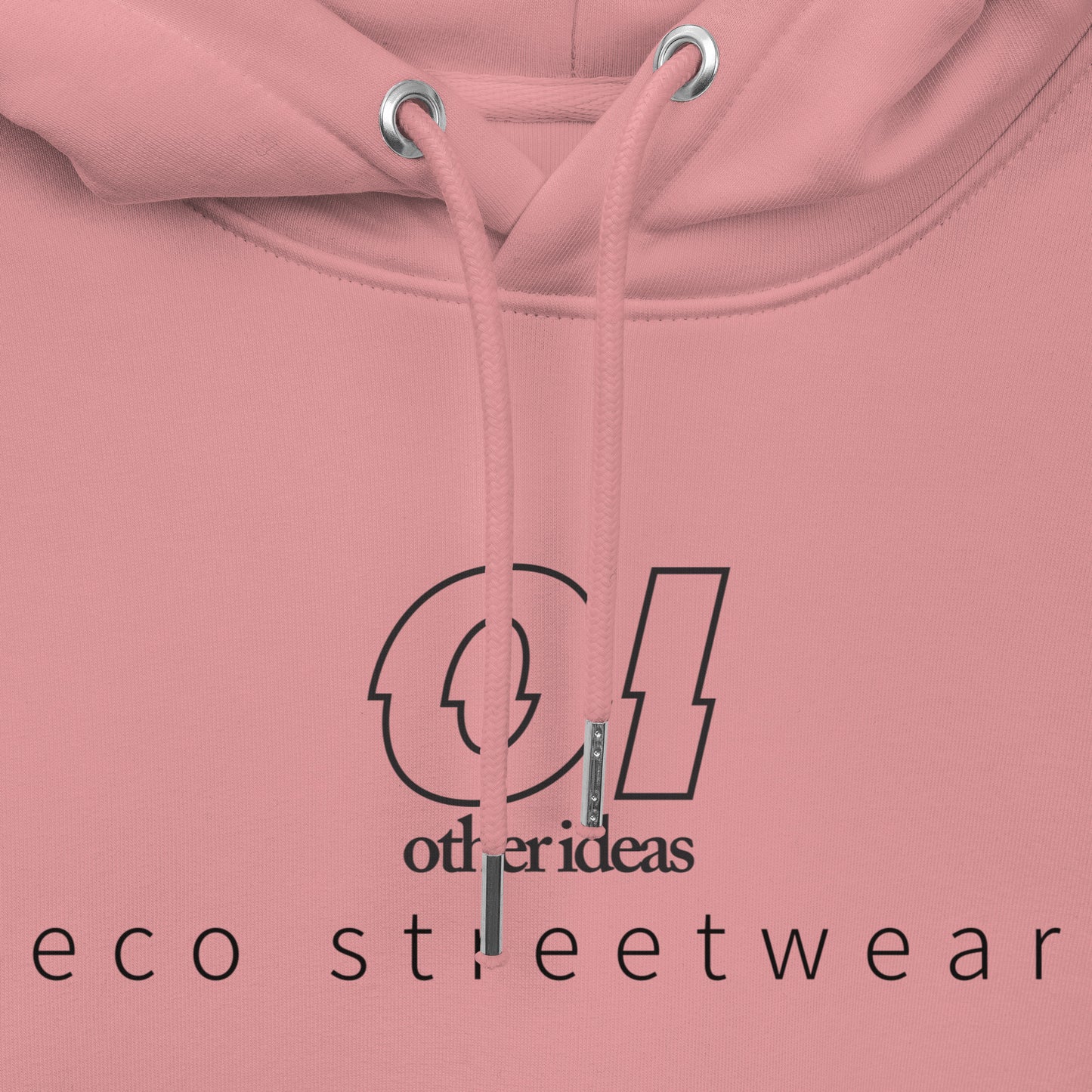 other ideas eco streetwear women's outline printed logo classic canyon pink sweatshirt hoodie organic cotton blend jersey sustainable slow fashion flat front view with drawstring and logo detail