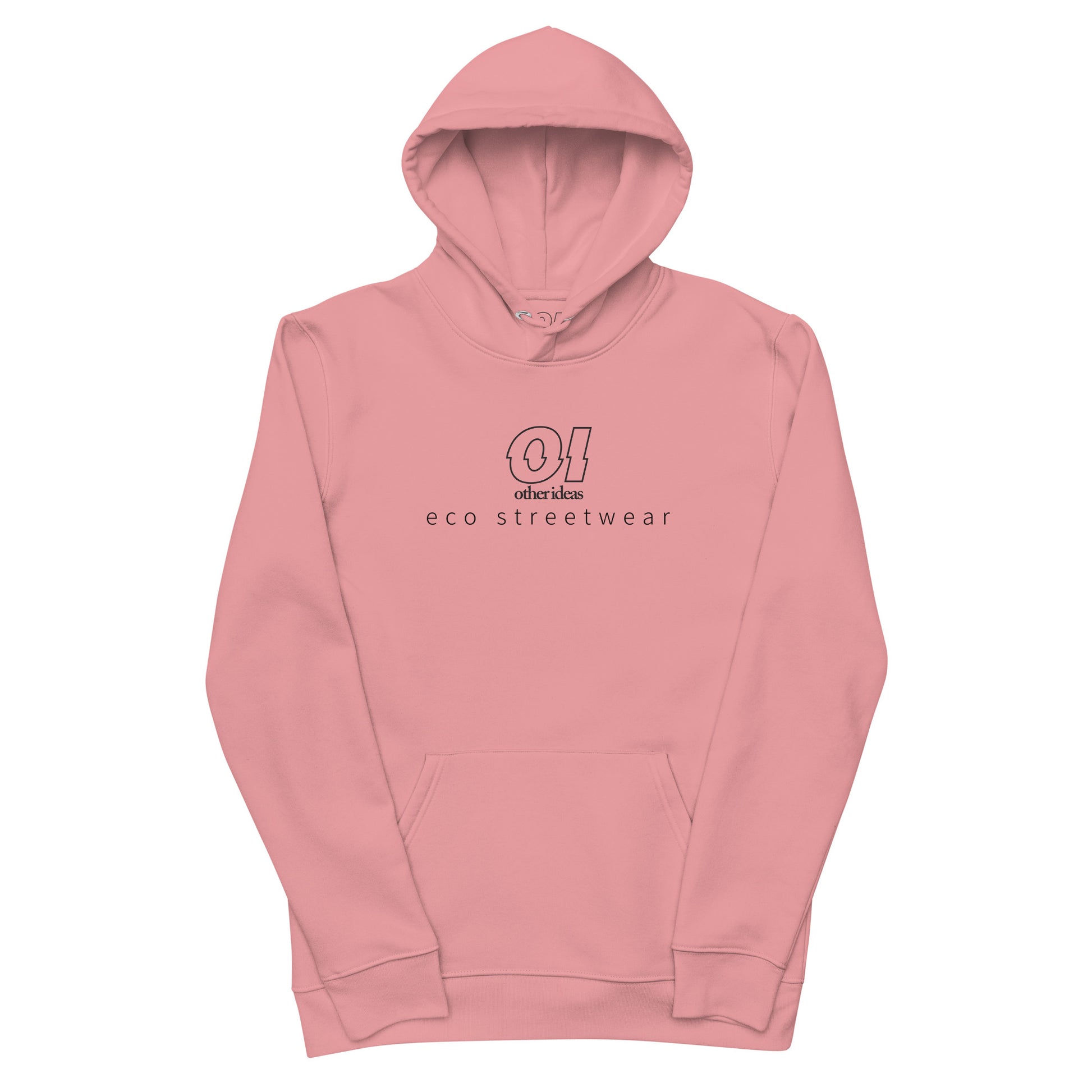 other ideas eco streetwear women's outline printed logo classic canyon pink sweatshirt hoodie organic cotton blend jersey sustainable slow fashion flat front view with hood up