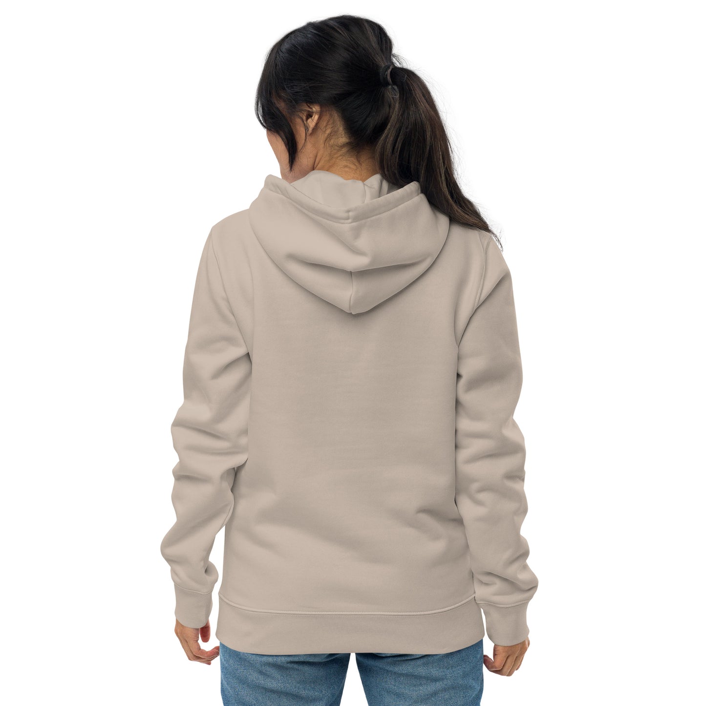 other ideas eco streetwear women's mojave sand sweatshirt hoodie logo embroidered organic cotton blend jersey sustainable slow fashion modelled from the back