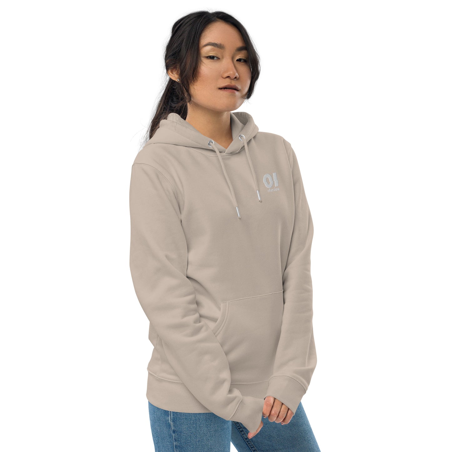 other ideas eco streetwear women's mojave sand sweatshirt hoodie logo embroidered organic cotton blend jersey sustainable slow fashion modelled from the side