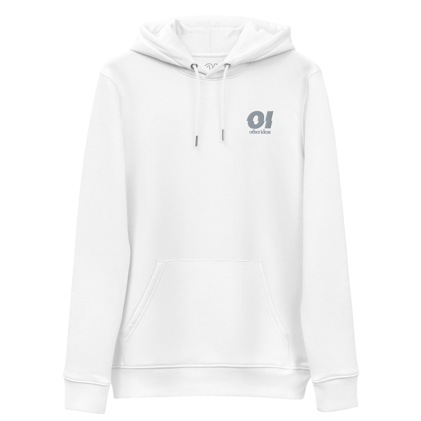 other ideas eco streetwear women's classic white sweatshirt hoodie logo embroidered organic cotton blend jersey sustainable slow fashion flat front view with hood down