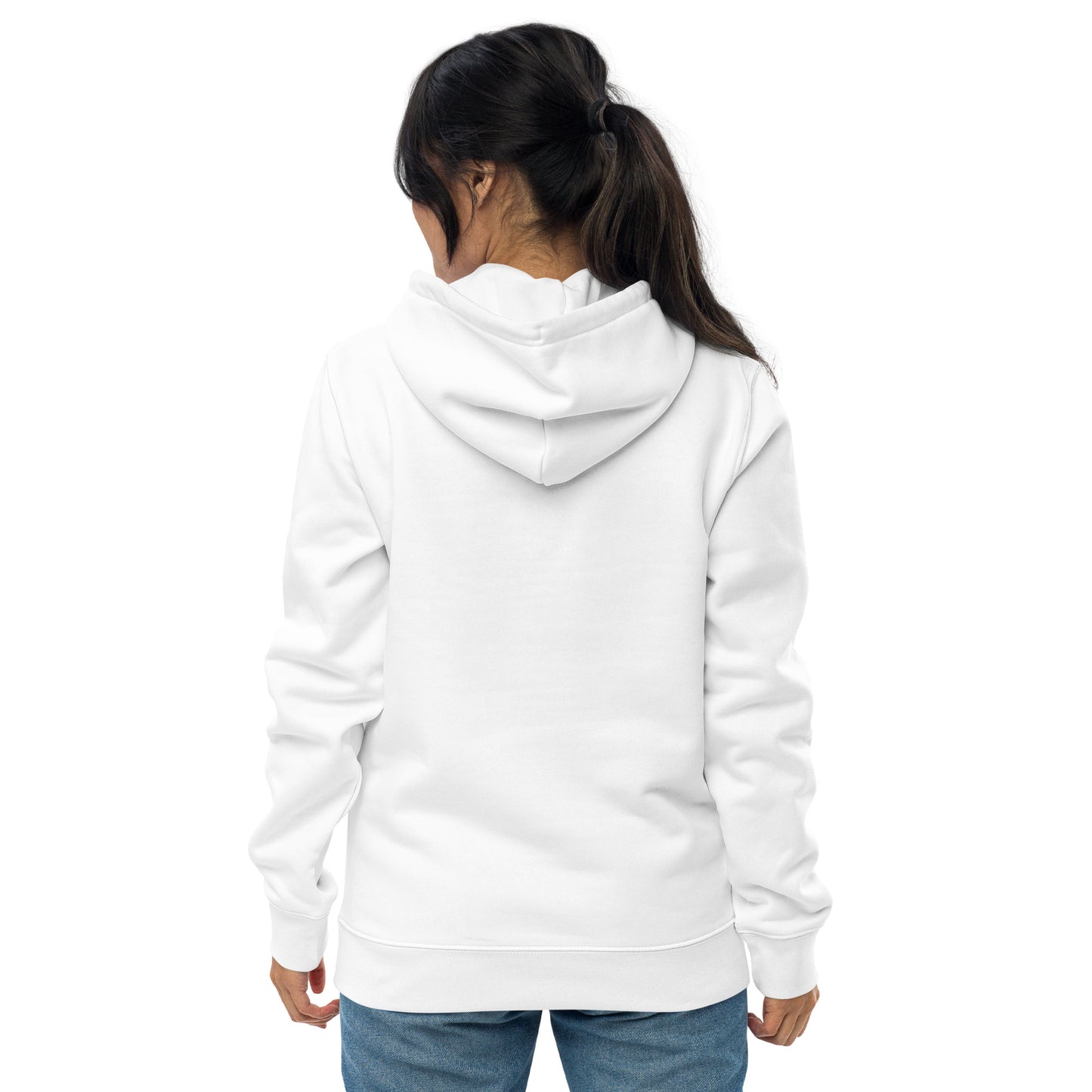 other ideas eco streetwear women's classic white sweatshirt hoodie logo embroidered organic cotton blend jersey sustainable slow fashion modelled back view with hood down