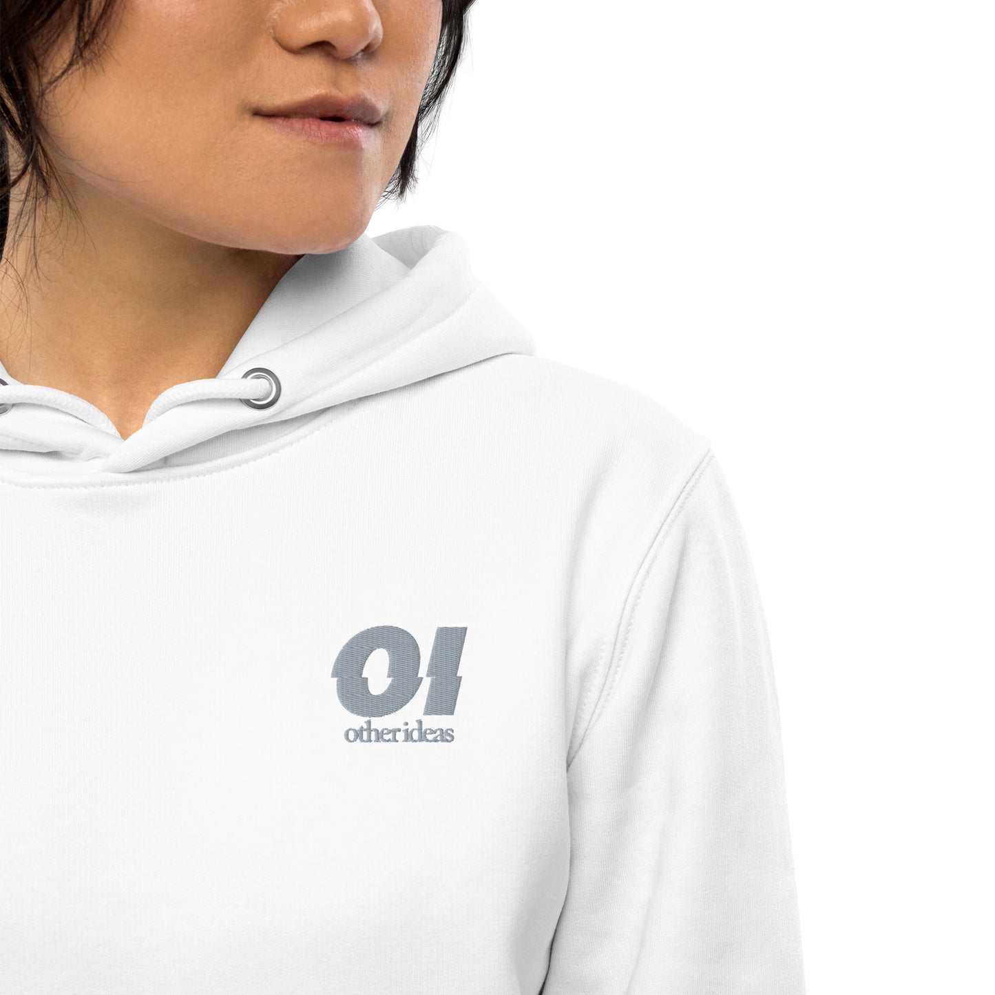 other ideas eco streetwear women's classic white sweatshirt hoodie logo embroidered organic cotton blend jersey sustainable slow fashion modelled front view logo detail