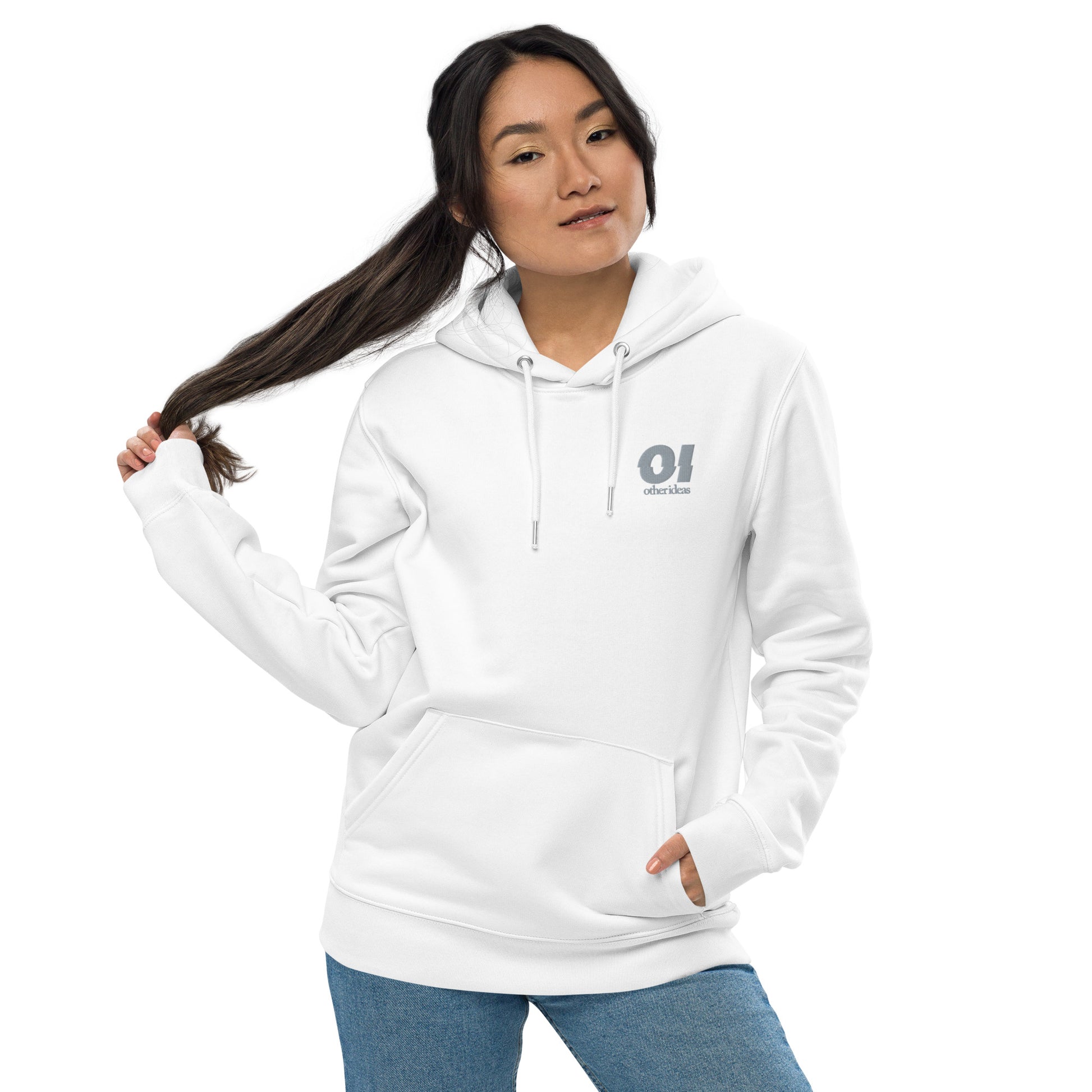 other ideas eco streetwear women's classic white sweatshirt hoodie logo embroidered organic cotton blend jersey sustainable slow fashion modelled front view with hood down