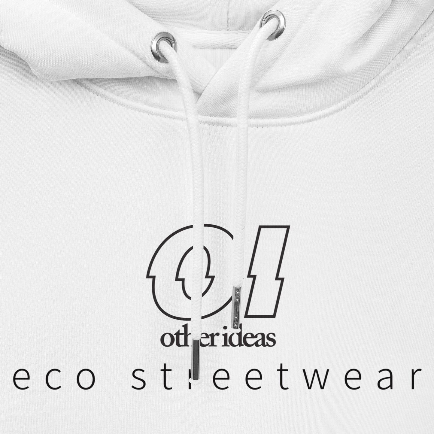 other ideas eco streetwear women's outline printed logo classic white sweatshirt hoodie organic cotton blend jersey sustainable slow fashion flat front view with drawstring and logo detail