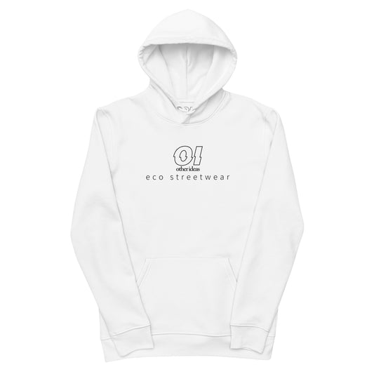 other ideas eco streetwear women's outline printed logo classic white sweatshirt hoodie organic cotton blend jersey sustainable slow fashion flat front view with hood up