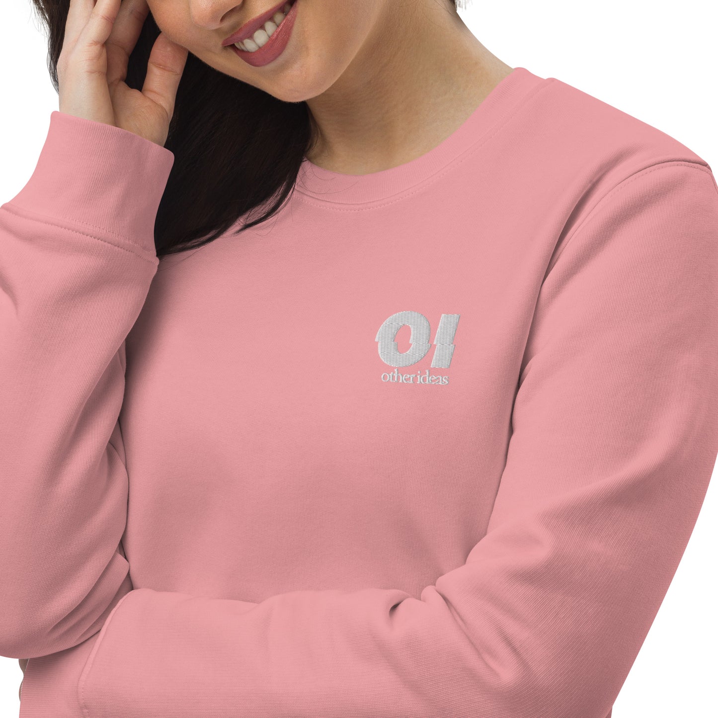 other ideas eco streetwear women's canyon pink sweatshirt logo embroidered organic cotton blend jersey sustainable slow fashion modelled front view zoomed in logo detail