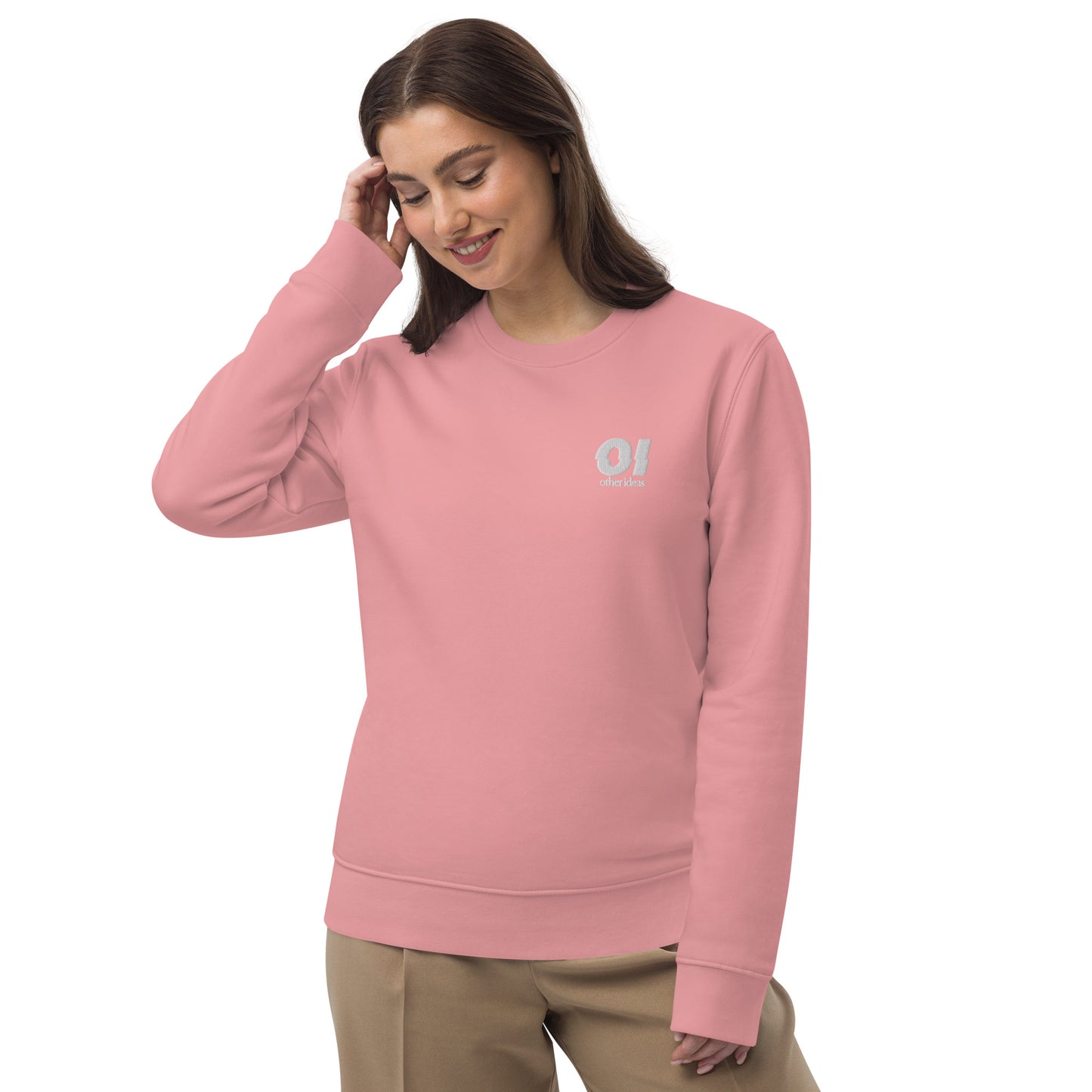 other ideas eco streetwear women's canyon pink sweatshirt logo embroidered organic cotton blend jersey sustainable slow fashion modelled front view