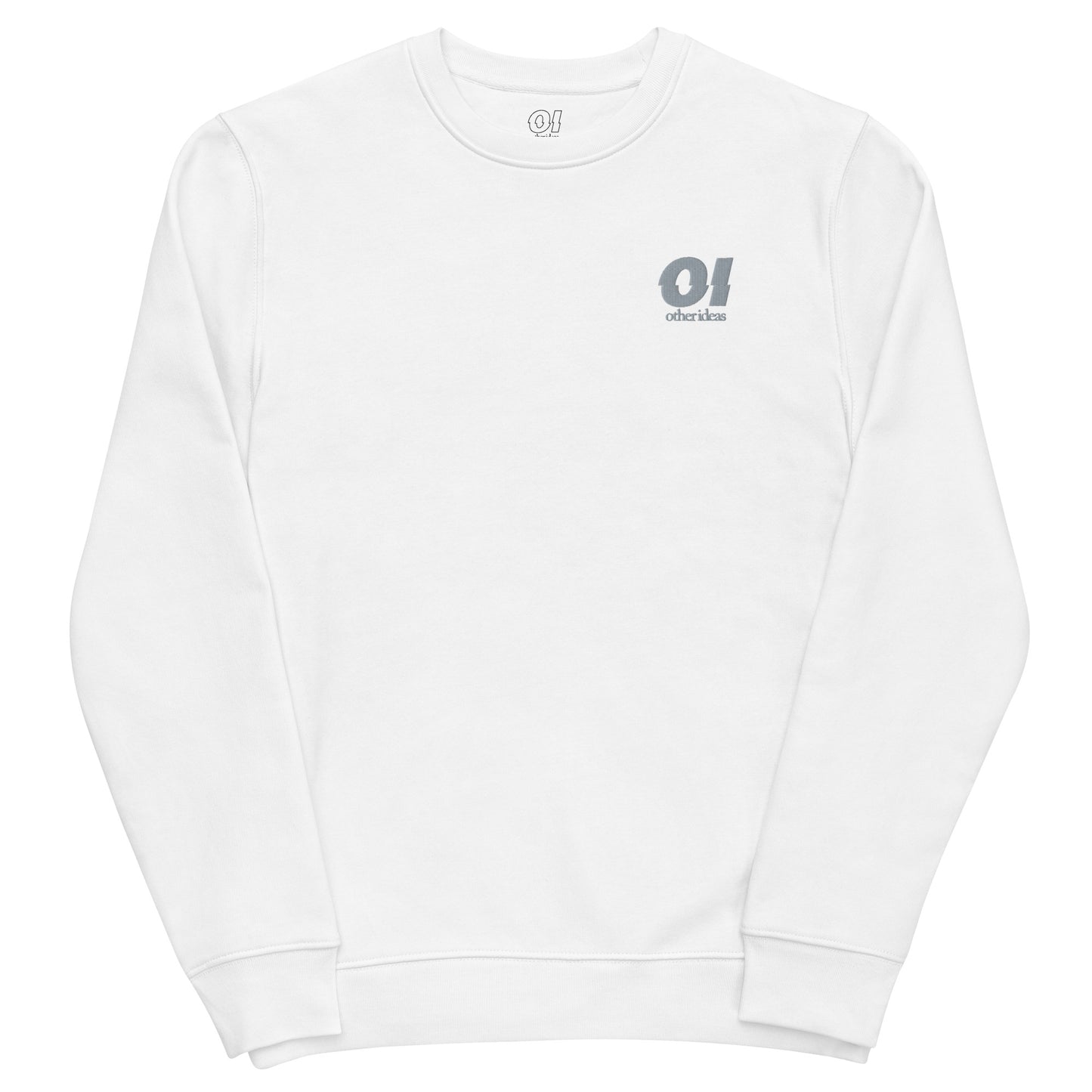 other ideas eco streetwear women's white sweatshirt logo embroidered organic cotton blend jersey sustainable slow fashion flat front view