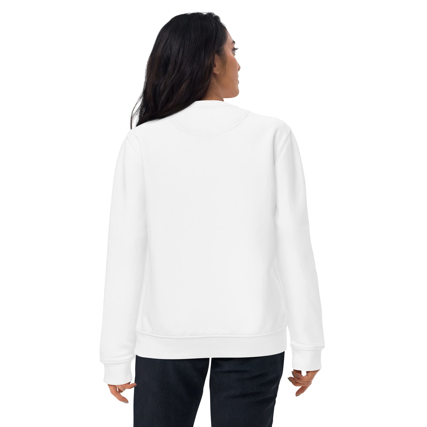 other ideas eco streetwear women's white sweatshirt logo embroidered organic cotton blend jersey sustainable slow fashion modelled back view