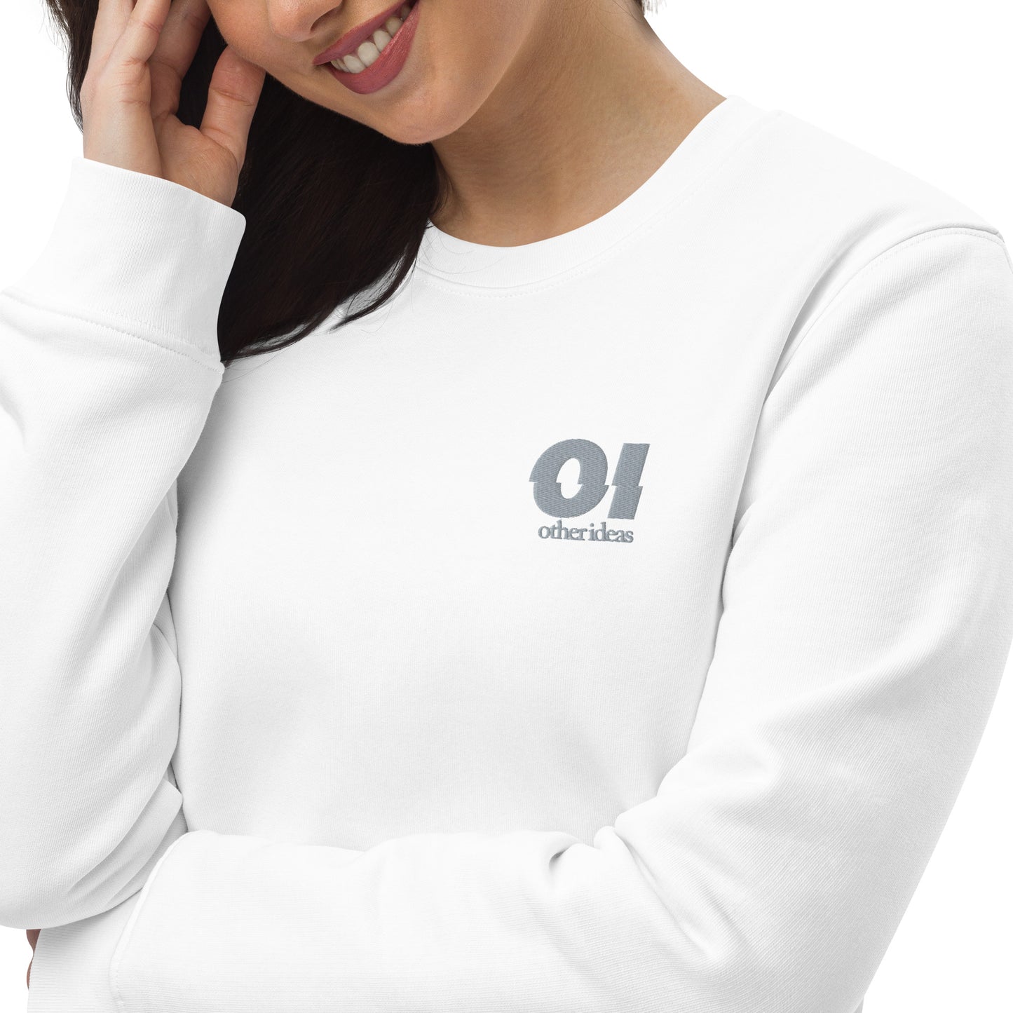 other ideas eco streetwear women's white sweatshirt logo embroidered organic cotton blend jersey sustainable slow fashion modelled front view zoomed logo detail