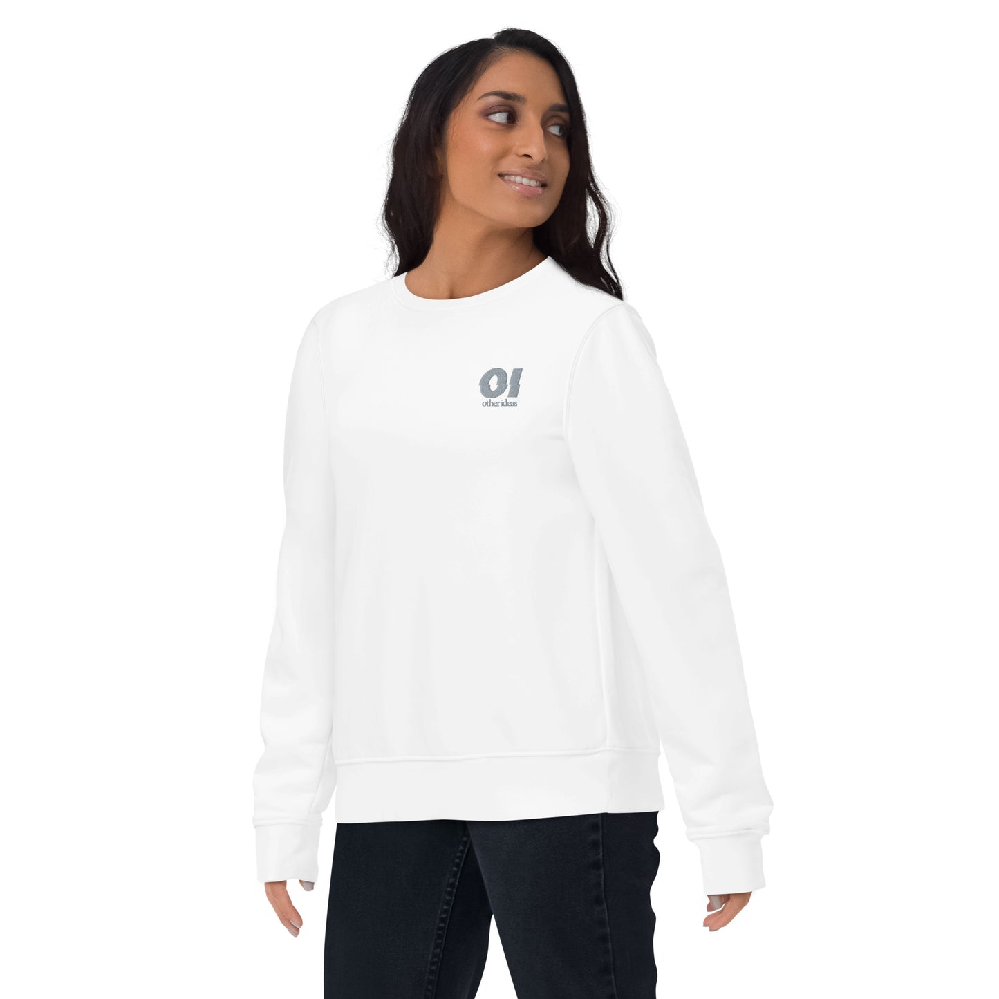 other ideas eco streetwear women's white sweatshirt logo embroidered organic cotton blend jersey sustainable slow fashion modelled front view