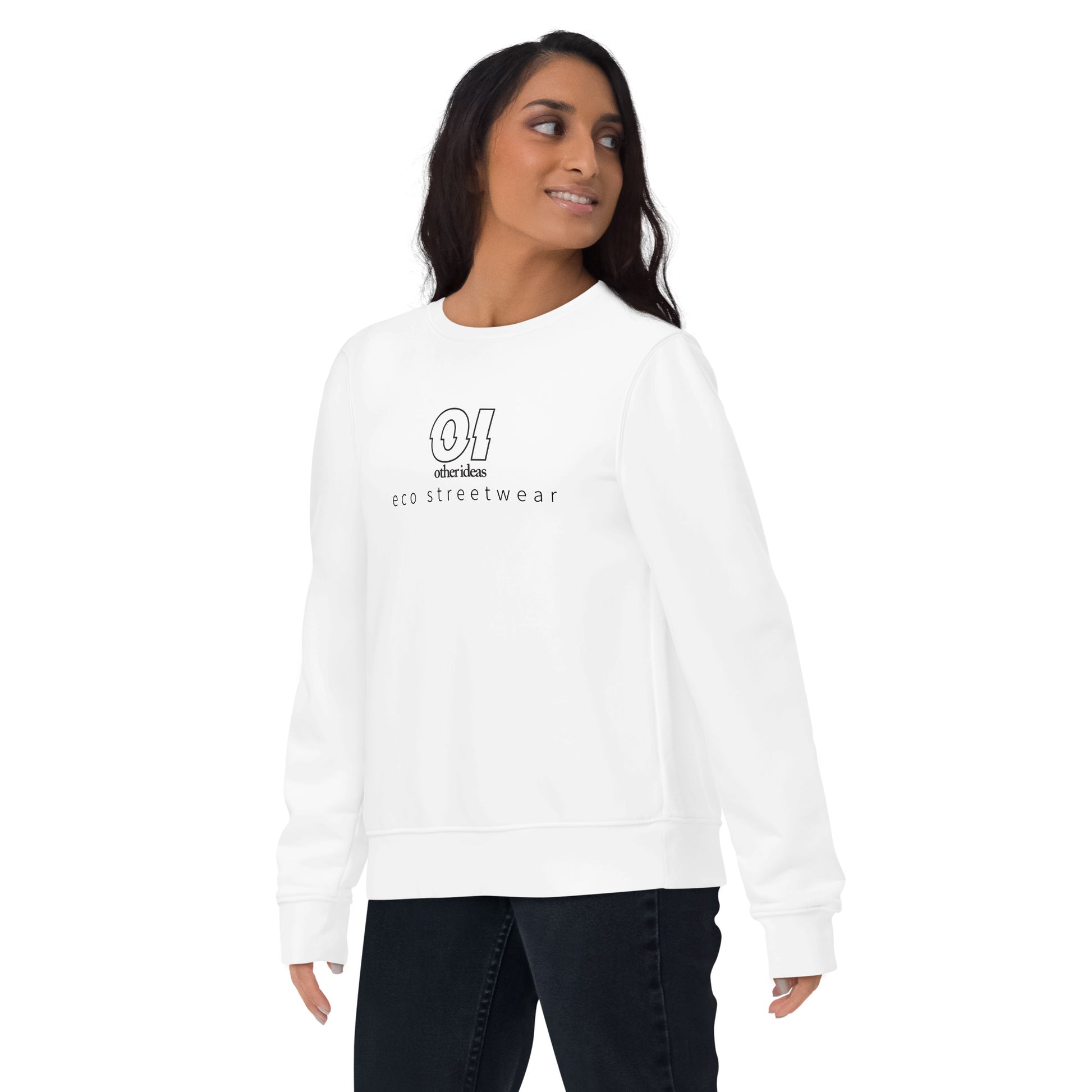 other ideas eco streetwear women's white sweatshirt logo printed organic cotton blend jersey sustainable slow fashion modelled front view