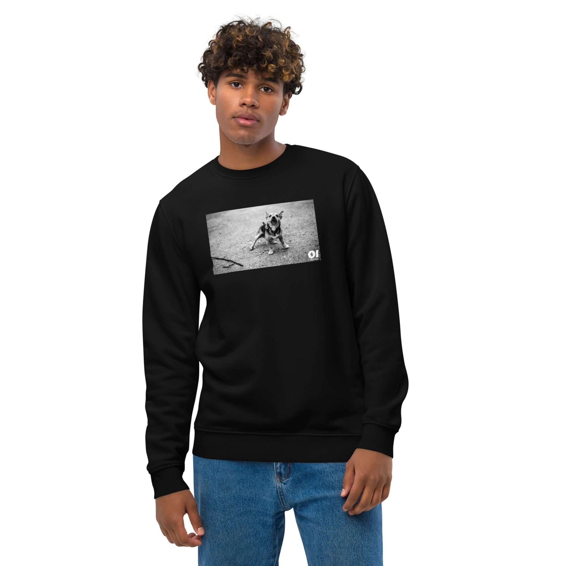 other ideas eco streetwear ethical clothing men's classic sweatshirt with dog photo print black organic cotton blend jersey sustainable slow fashion modelled front view