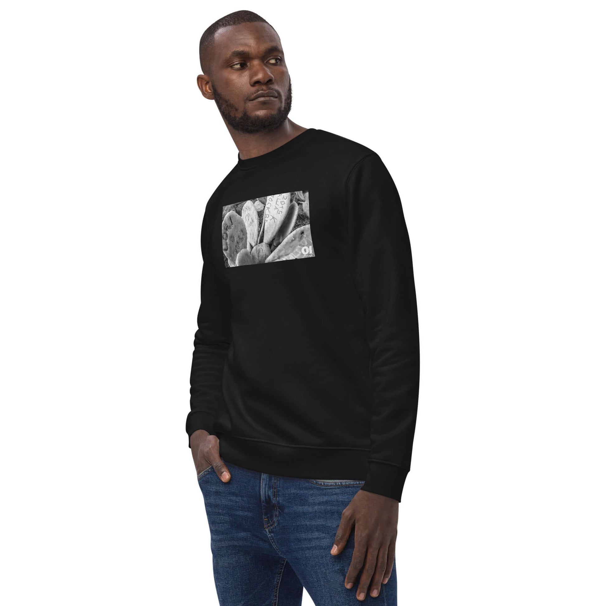 other ideas eco streetwear ethical clothing men's classic sweatshirt with graffiti cactus photo print black organic cotton blend jersey sustainable slow fashion modelled front view