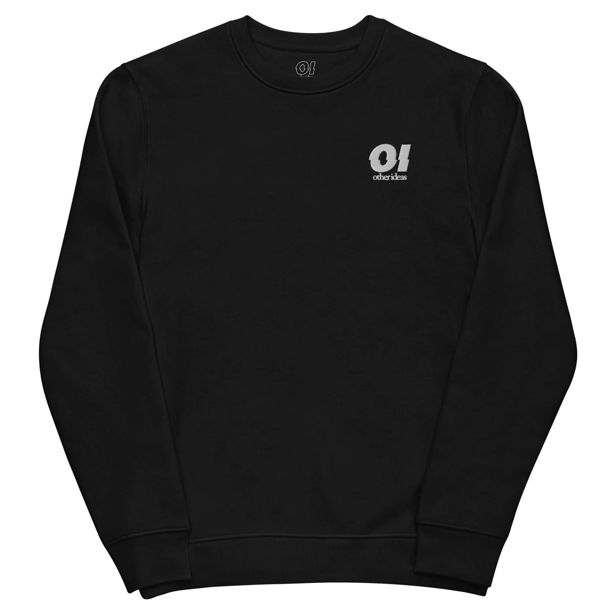 other ideas eco streetwear ethical clothing men's logo embroidered organic cotton blend jersey black sweatshirt sustainable slow fashion flat front view