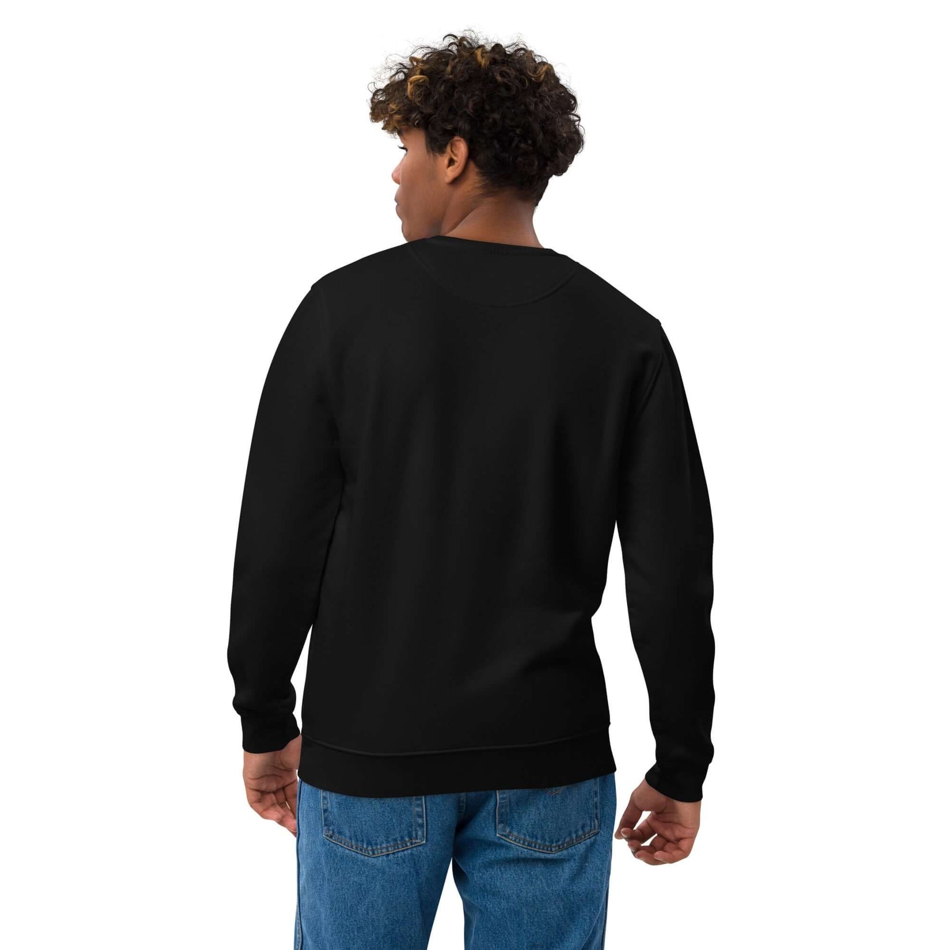 other ideas eco streetwear ethical clothing men's logo embroidered organic cotton blend jersey black sweatshirt sustainable slow fashion modelled back view