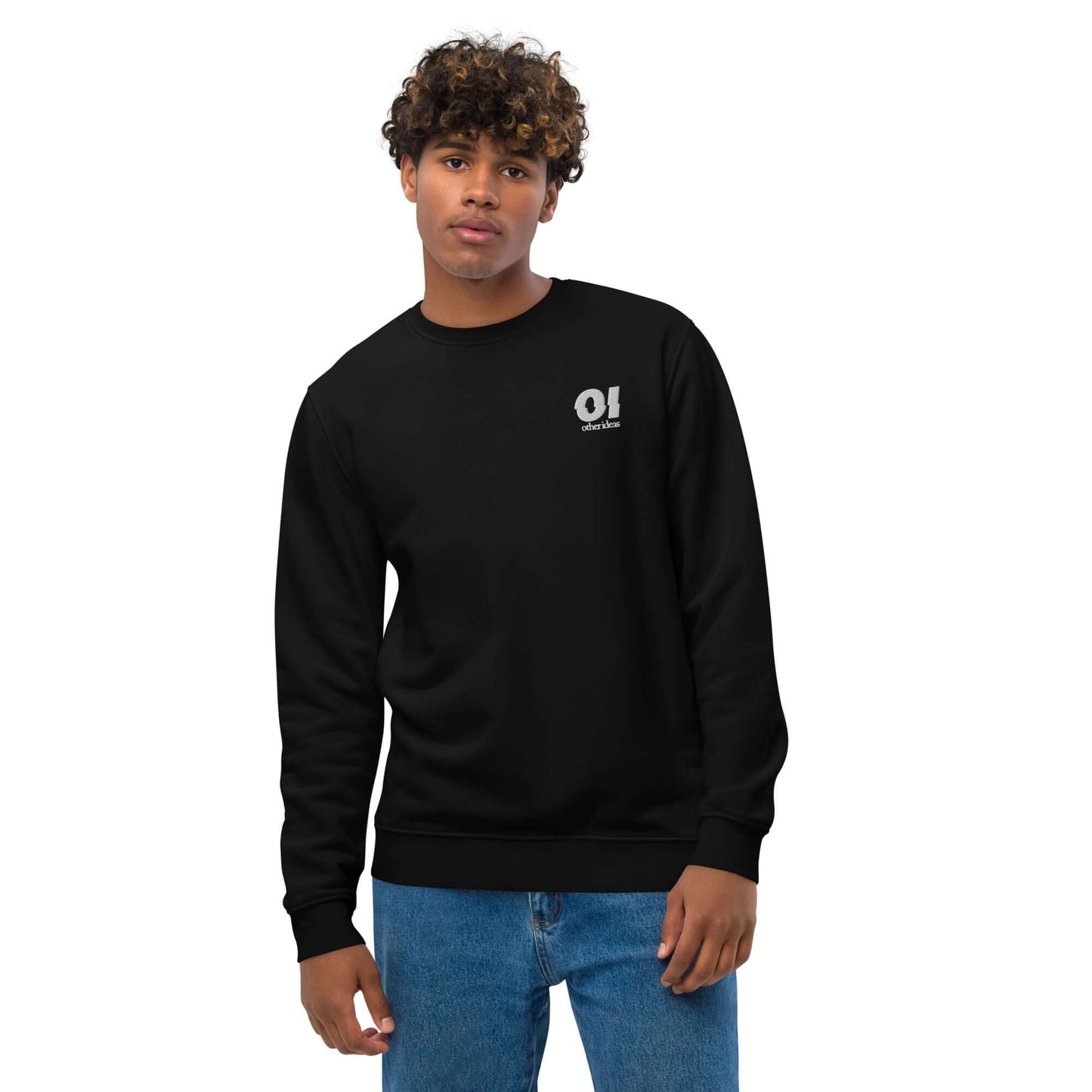 other ideas eco streetwear ethical clothing men's logo embroidered organic cotton blend jersey black sweatshirt sustainable slow fashion modelled front view