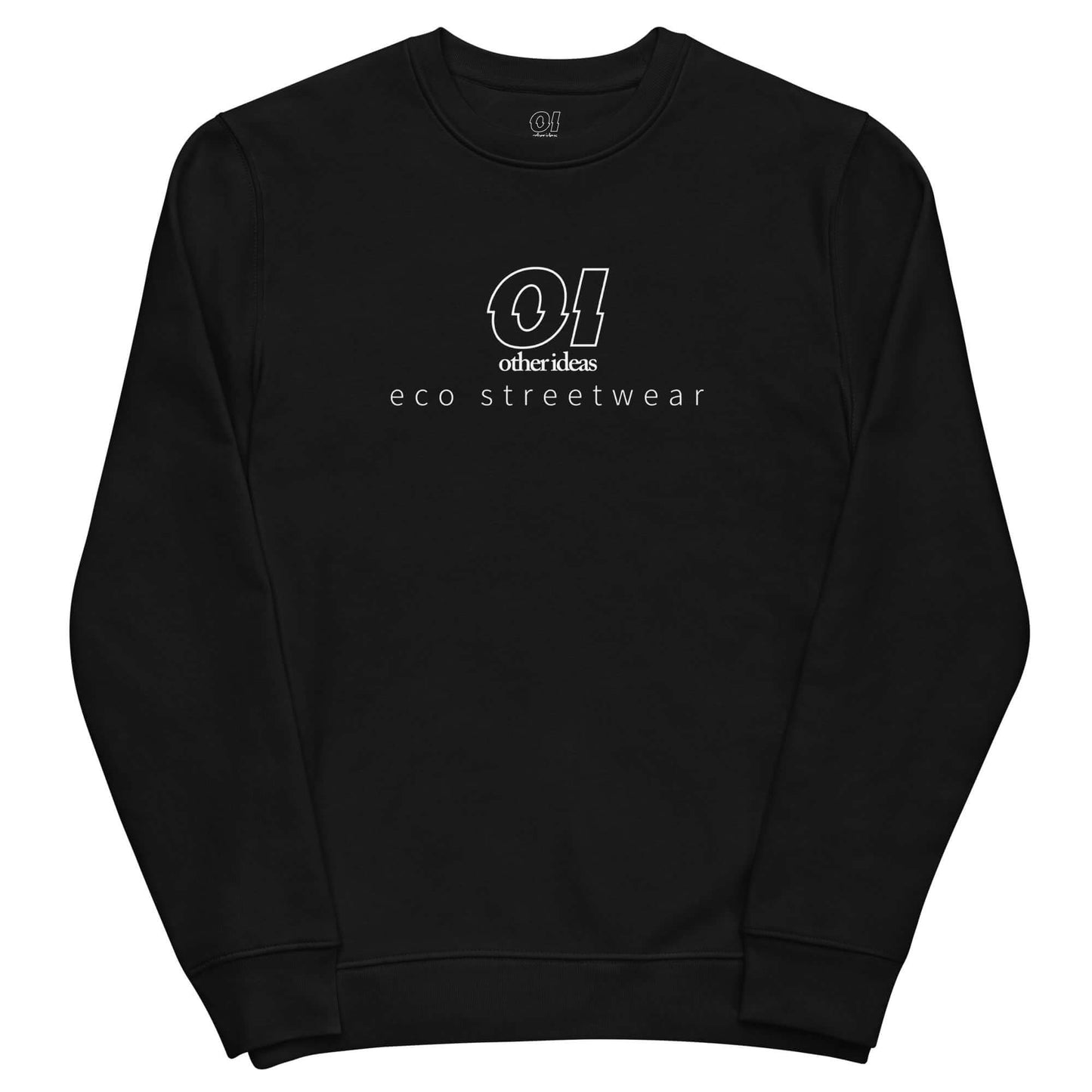 other ideas eco streetwear ethical clothing men's black sweatshirt logo printed organic cotton blend jersey sustainable slow fashion flat front view