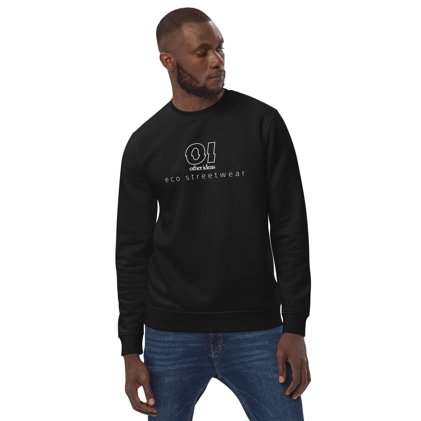 other ideas eco streetwear ethical clothing men's black sweatshirt logo printed organic cotton blend jersey sustainable slow fashion modelled front view