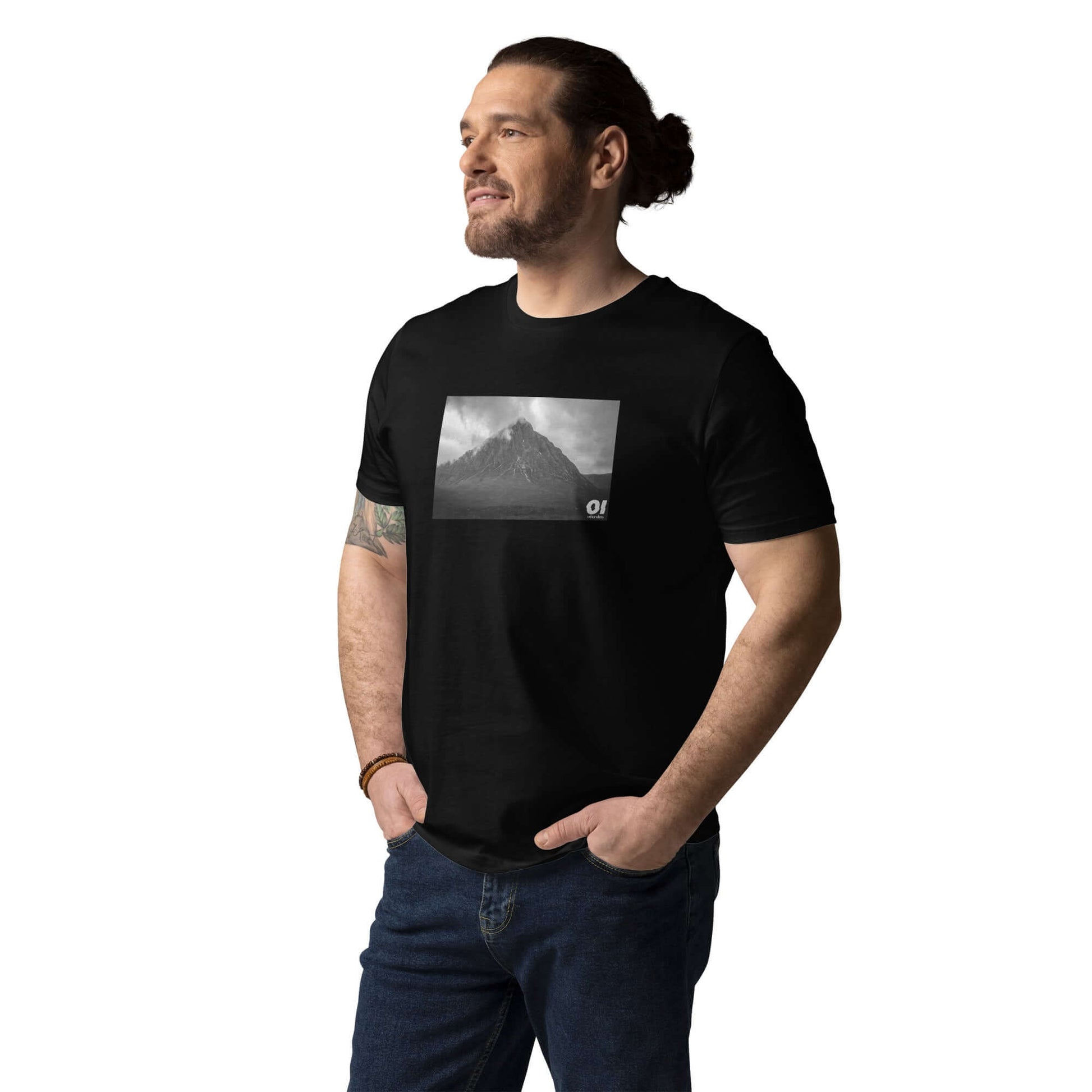 other ideas eco streetwear sustainable ethical clothing mens mountain photo printed crewneck organic black cotton t-shirt modelled  front view