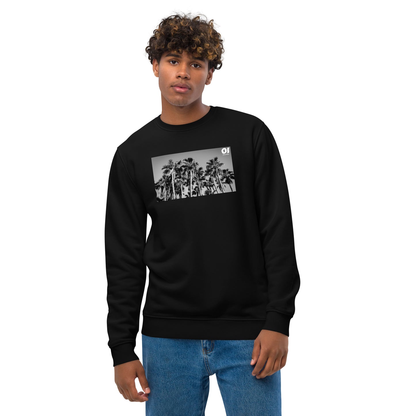 other ideas eco streetwear ethical clothing men's classic sweatshirt with palm trees photo print black organic cotton blend jersey sustainable slow fashion modelled front view