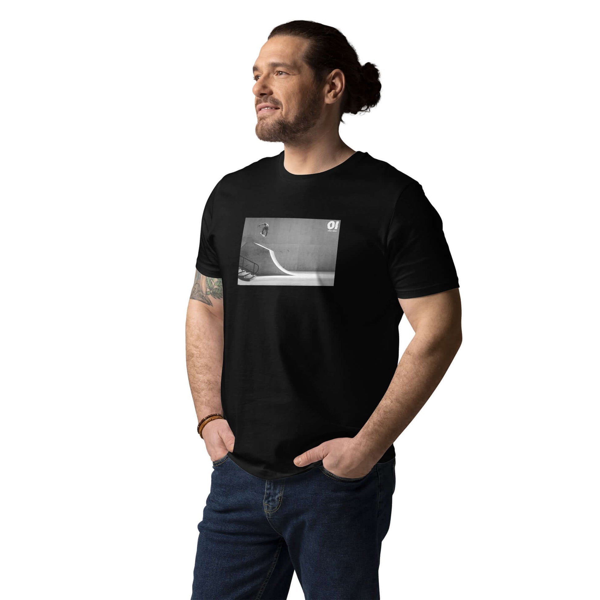 other ideas eco streetwear sustainable ethical clothing mens skateboarding photo "Air" printed crewneck organic black cotton t-shirt modelled front view