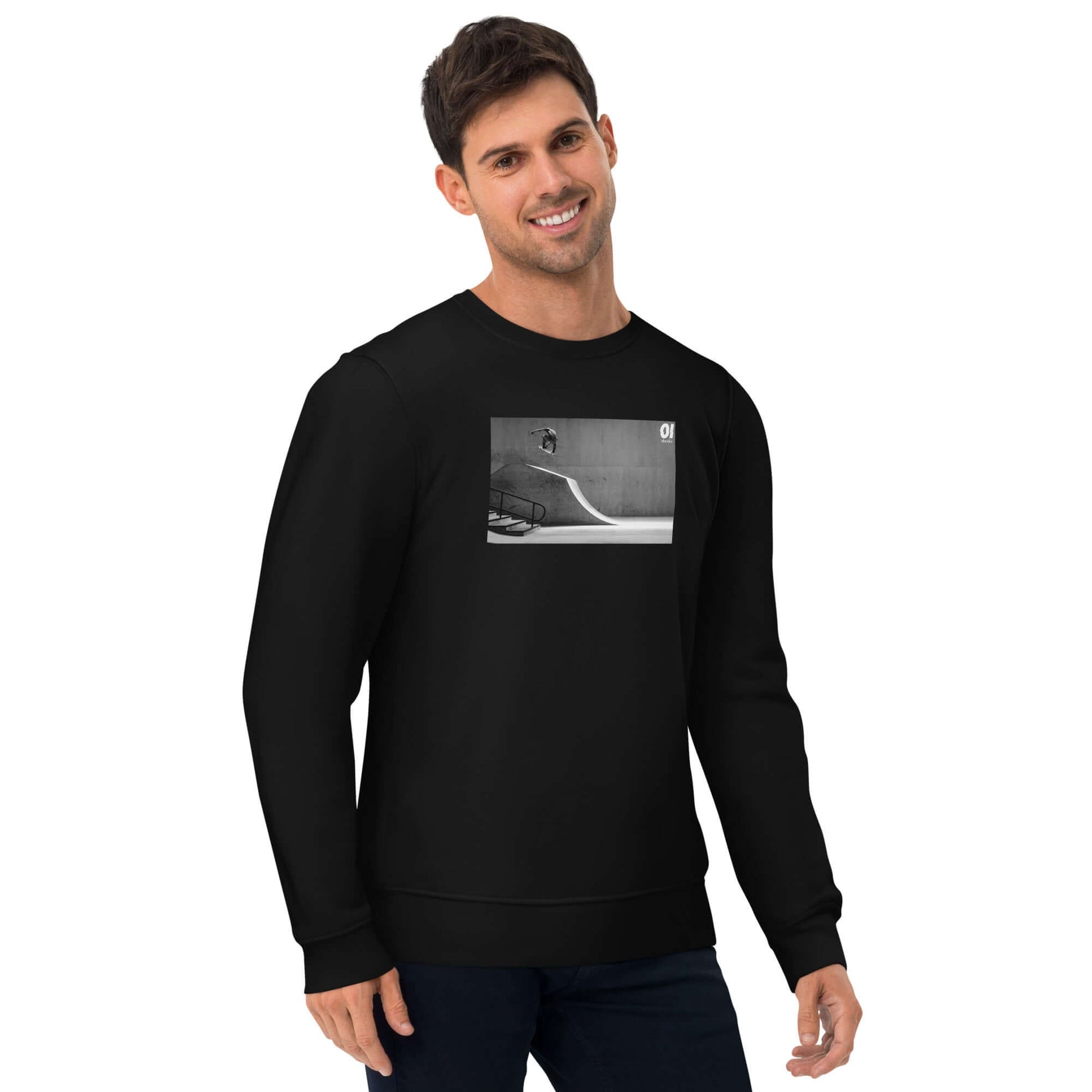 other ideas eco streetwear ethical clothing men's classic sweatshirt with skateboarding air photo print black organic cotton blend jersey sustainable slow fashion modelled front view