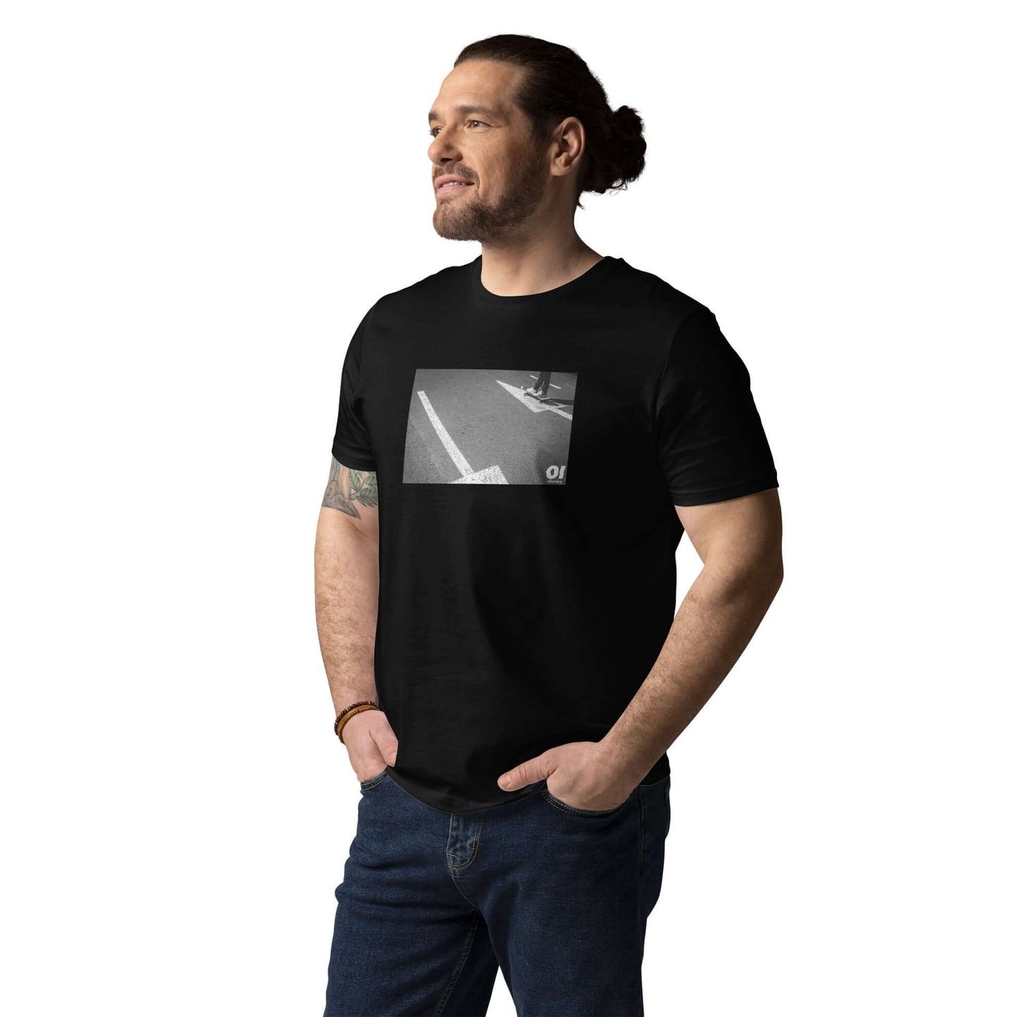 other ideas eco streetwear sustainable ethical clothing mens skateboarding photo "Arrows" printed crewneck organic black cotton t-shirt modelled front view